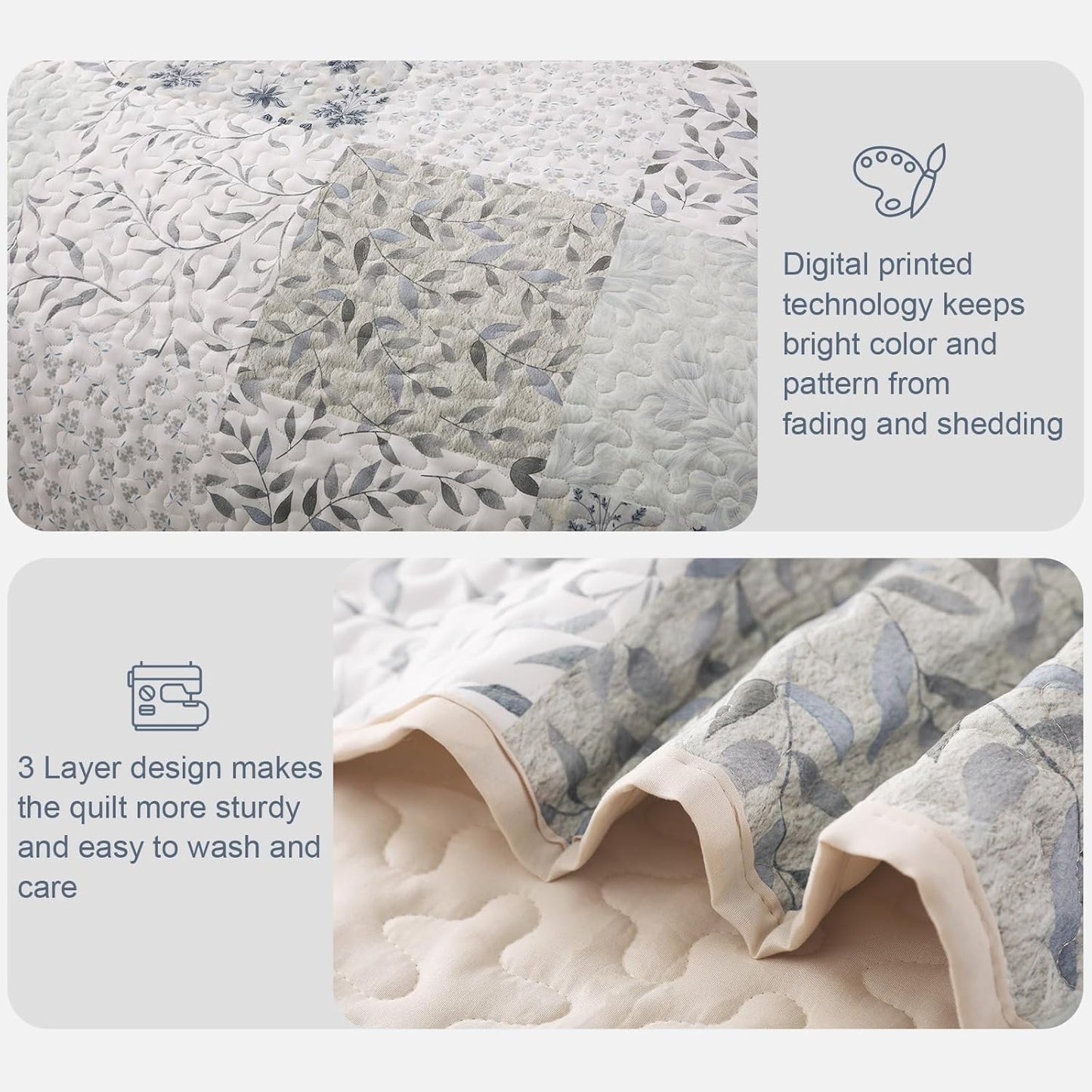 Exclusivo Mezcla Reversible Boho Quilt Set Twin Size, 2 Pieces Patchwork Gray All Season Bedspreads, Ultra Soft Floral Coverlet Bedding Set with Printed Pattern (1 Quilt, 1 Pillow Sham)