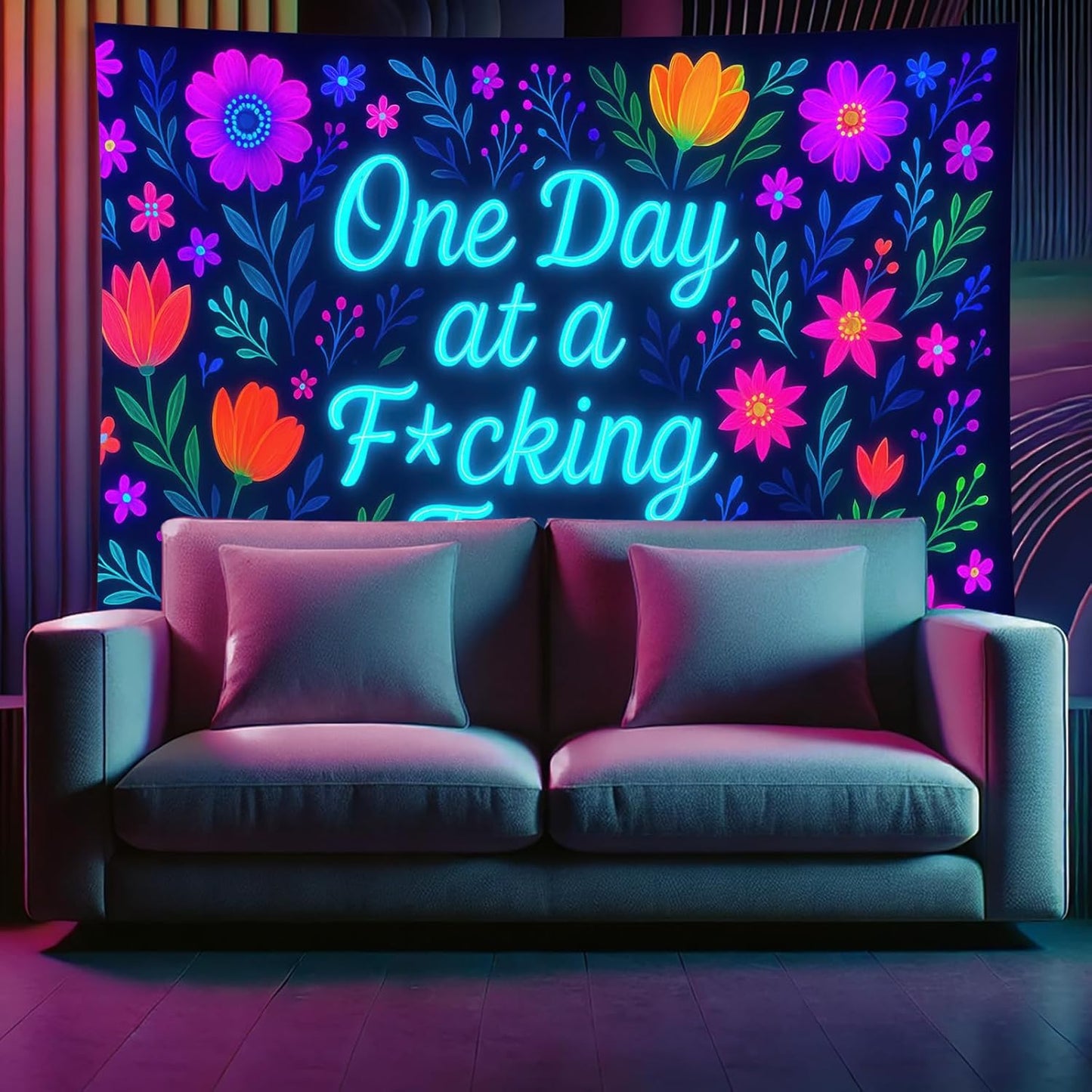 Starlit Patio Neon Flowers Blacklight Tapestry UV Reactive Wall Hanging One Day at a F*cking Time for Bedroom Dorm Living Room Glowing Motivational Decor Fluorescent Trippy Poster 78 x 59 Inch