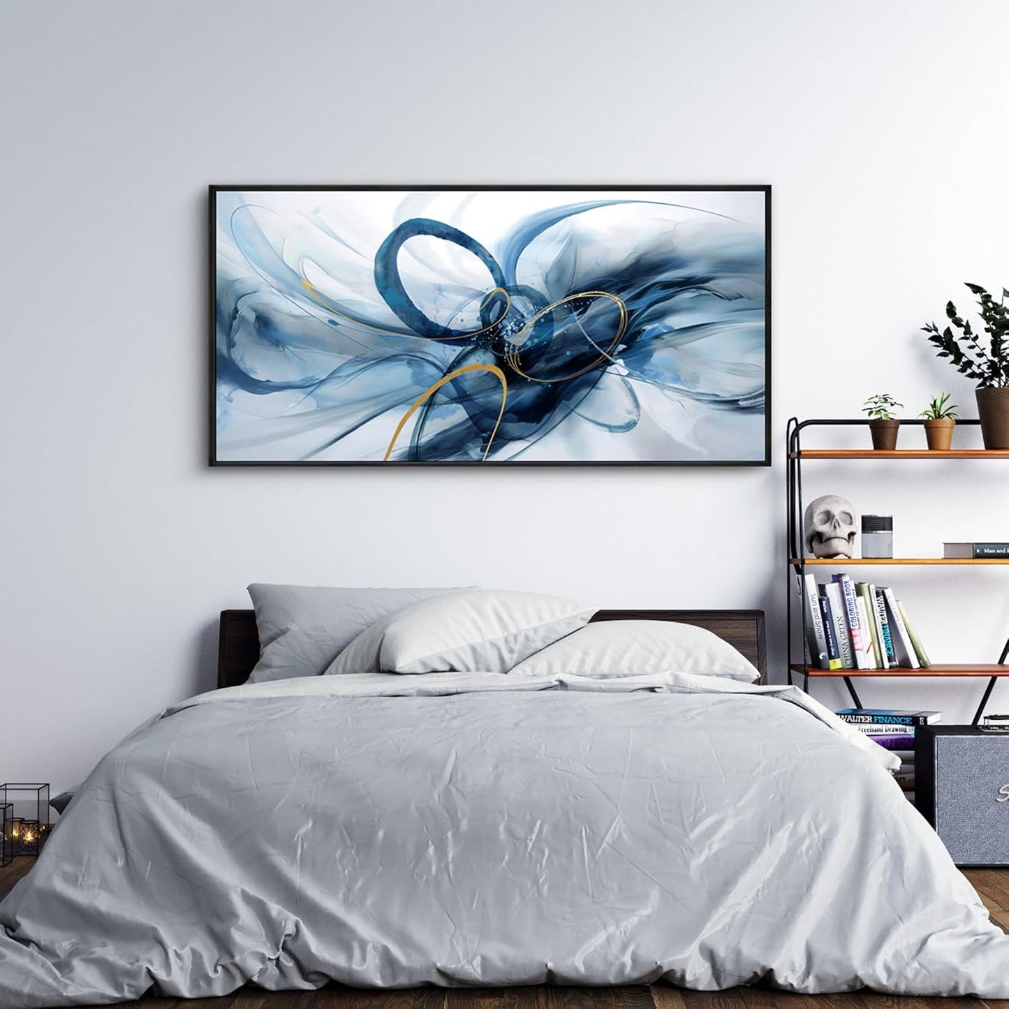 XLSJERST Frame Wall Art - Blue and White Picture for Living Room Modern Abstract Canvas Wall Decor Artwork for Office Bedroom Home Decoration