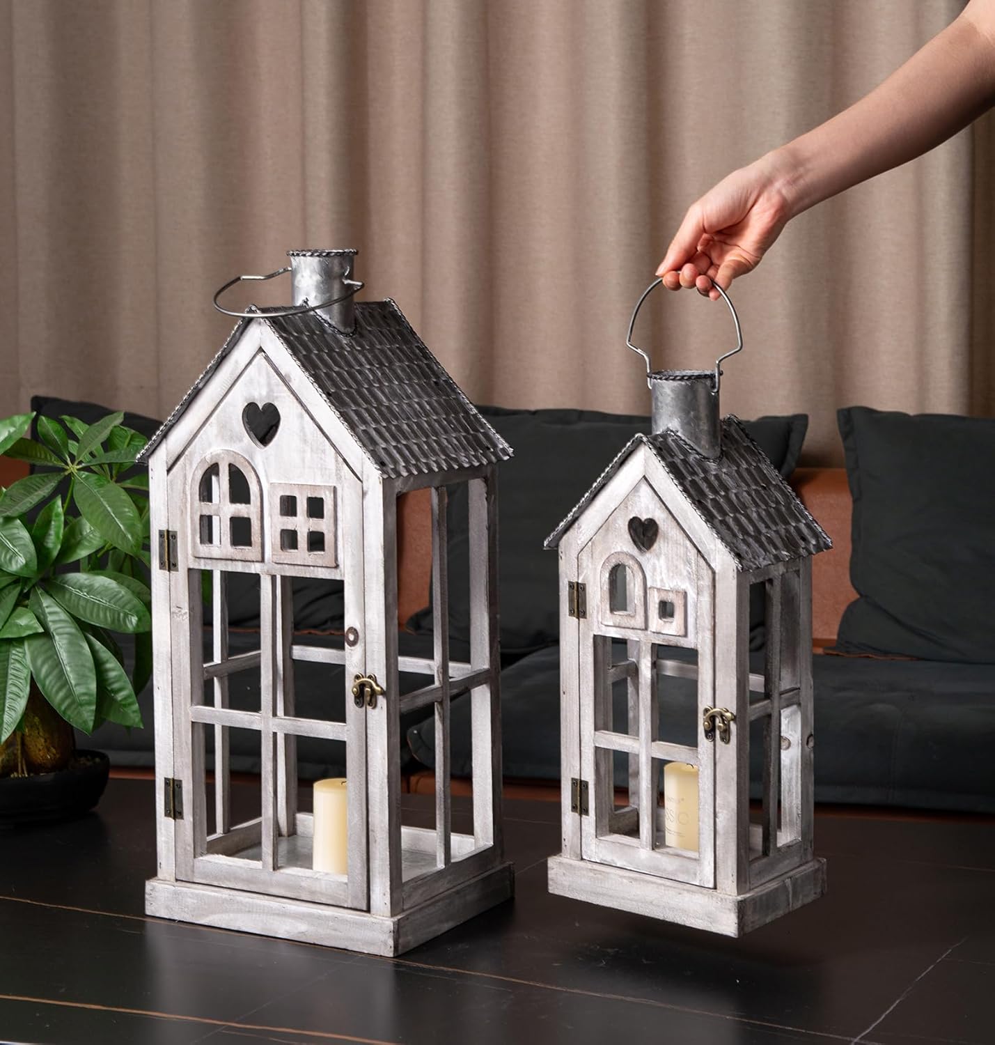 Large Farmhouse Wooden Metal Candle Lantern Set of 2, Rustic Decorative Floor Lanterns, Indoor/Outdoor Village Houses Lantern for Home Decor (No Glass)