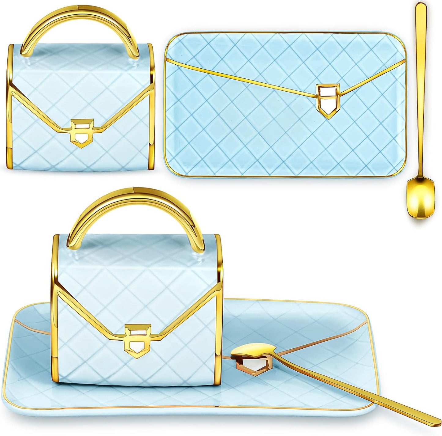 Zubebe 1 Set Coffee Mug Elegant Handbag Shaped Cup Modern Ceramic Purse Mug with Spoon and Saucer, 10oz Cute Creative Tea Cup for Office Home Woman Girls Gift (Blue)