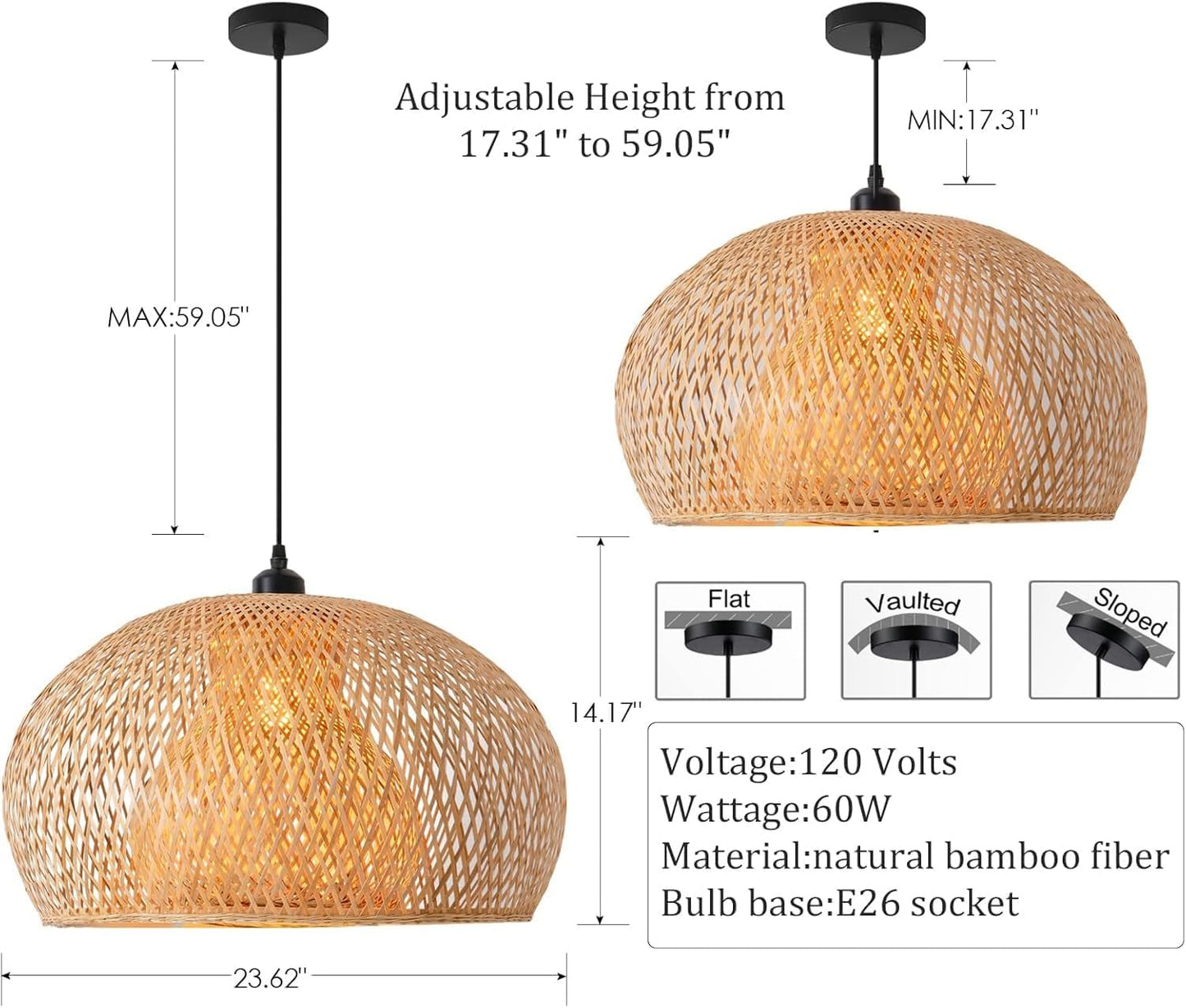 23.6" Bamboo Pendant Light Hand-Woven Rattan Hanging Lamp Boho Bamboo Chandelier for Dining Living Bedroom Kitchen Farmhouse