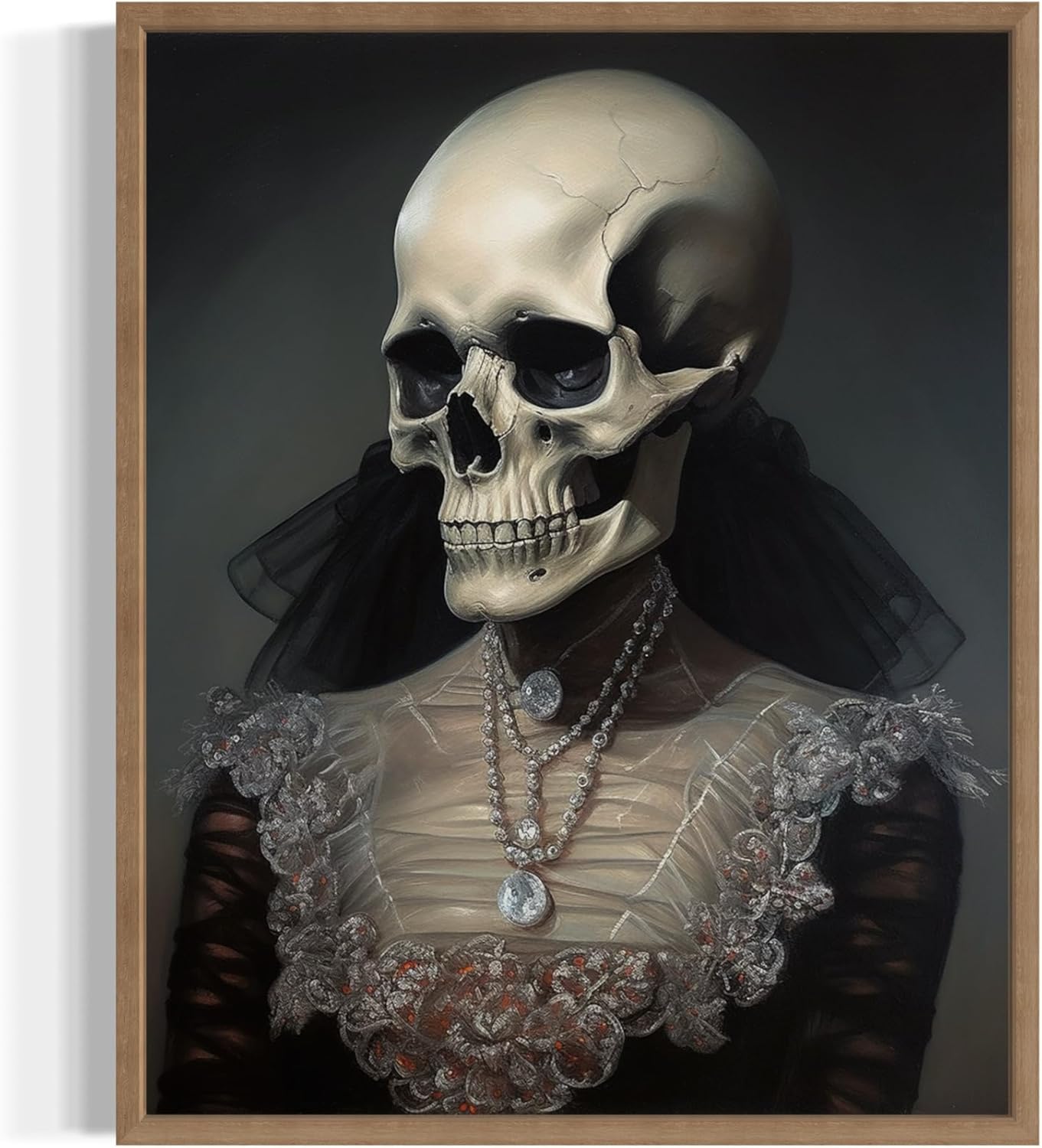 Female Skull Poster Art Print, Halloween Scary Vintage Wall Art Academia Spooky Painting Decoration for Horror Prints, Gothic Posters Bedroom Decor 89 (Female Skull, 11 x 14 inches, Wood Frame)