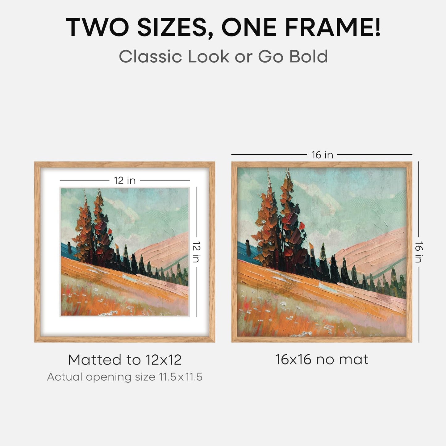 Homeforia 16x16 Picture Wood Frame, High End Natural Oak 16 x 16 Square Light Wooden Frames with Mat 12 by 12 inch Photo, 16by16 Poster Frames Matted to 12x12 Print, Tempered Glass, Wall Kit, Set of 1