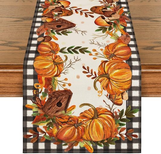 Artoid Mode Buffalo Plaid Pumpkins Mushrooms Birdhouse Leaves Table Runner, Seasonal Fall Harvest Vintage Kitchen Dining Table Decoration for Indoor Outdoor Home Party Decor 13 x 90 Inch.
