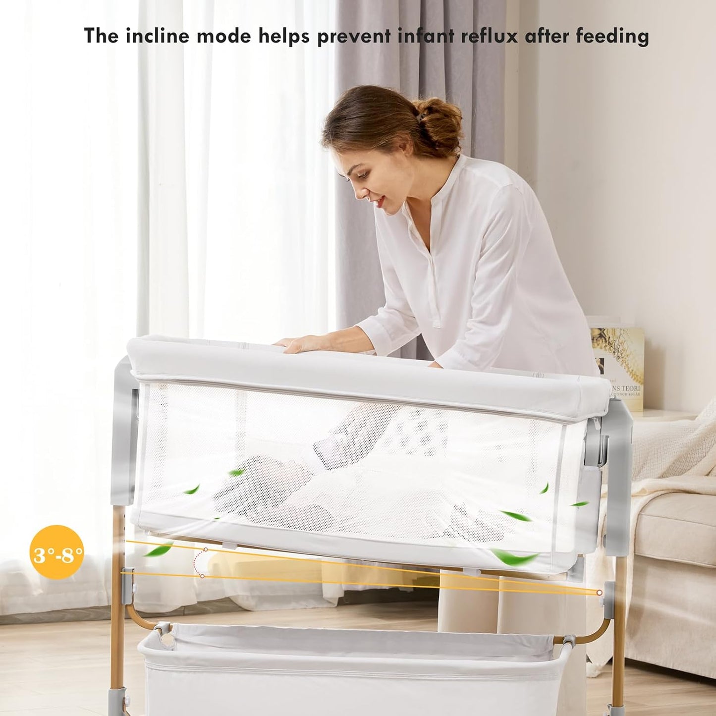Baby Bassinet Bedside Sleeper, 3-in-1 Rocking Bassinet for Baby with 6-Level Height Adjustable, 4 Wheels & Breathable Mesh Walls, Portable Bedside Bassinet with Mattress for Newborn