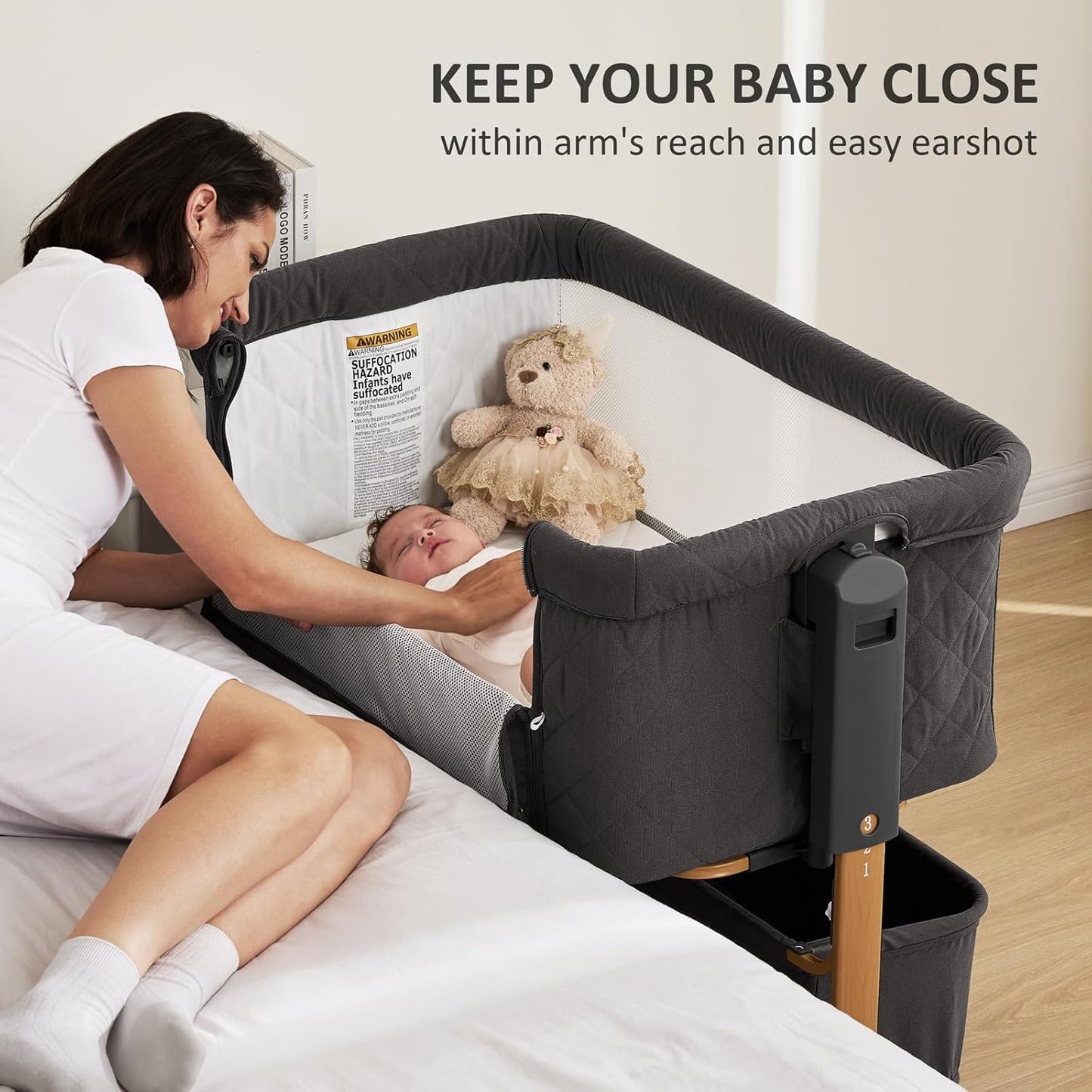 3 in 1 Baby Bassinet, Rocking Bassinet, Bedside Bassinet, 6-Height Adjustable, Bassinet Bedside Sleeper, Bedside Bassient for Baby with Comfy Mattress, Breathable Mesh, Large Storage Basket