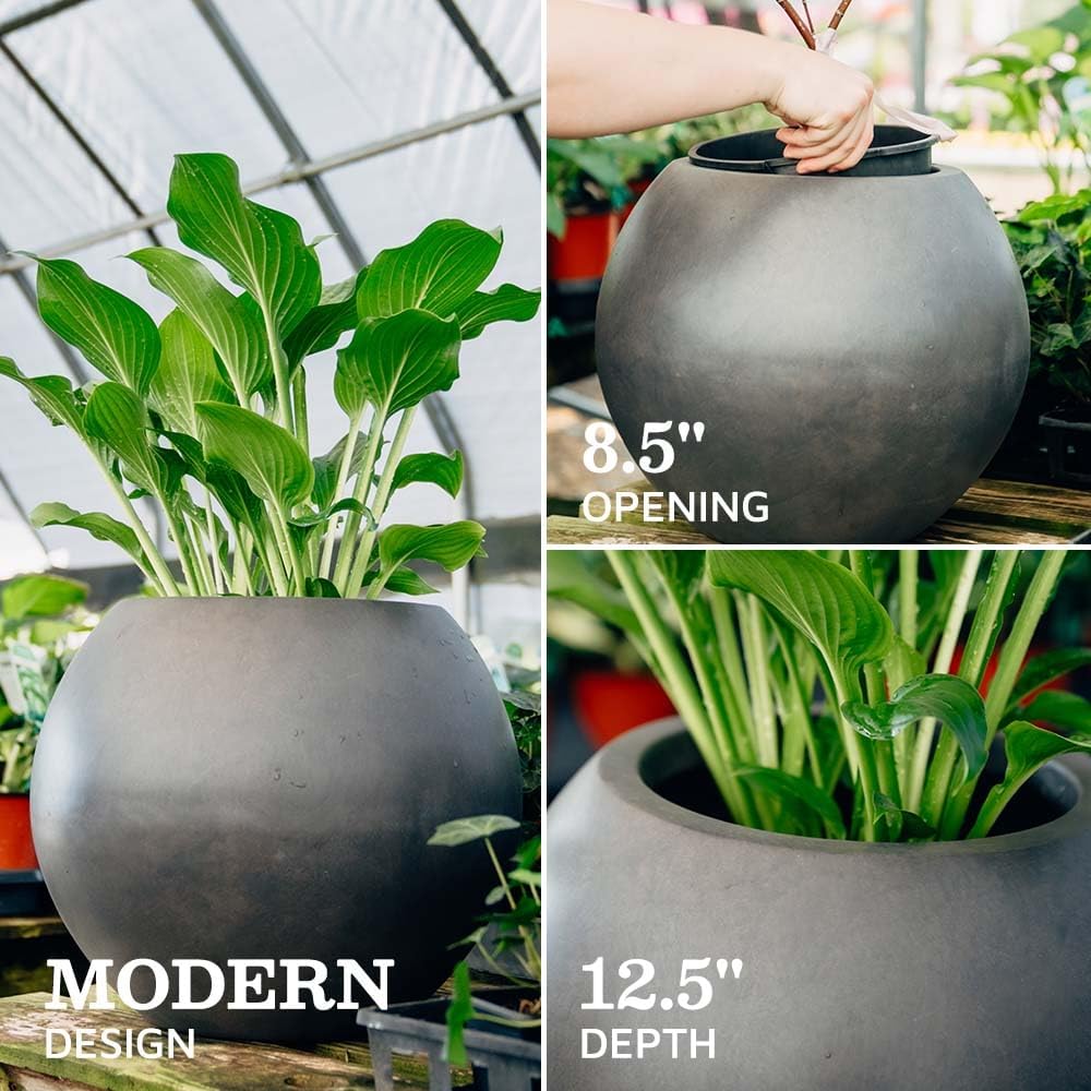 Ash & Ember Onyx 16" D Ceramic Indoor Outdoor Round Sphere Planter, Charcoal, Home Décor Evergreen Weather Resistant Modern Planter Pot, Seamless Herb & Seasonal Flower Garden Box