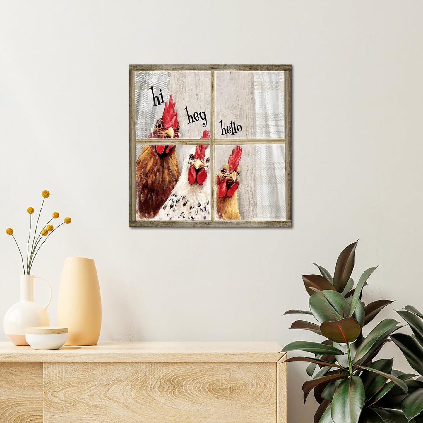 Visual Art Decor Funny Rooster Wall Art Chicken Picture Rustic Farmhouse Front Door Welcome Sign Framed 12x12 inch, Rustic Brown