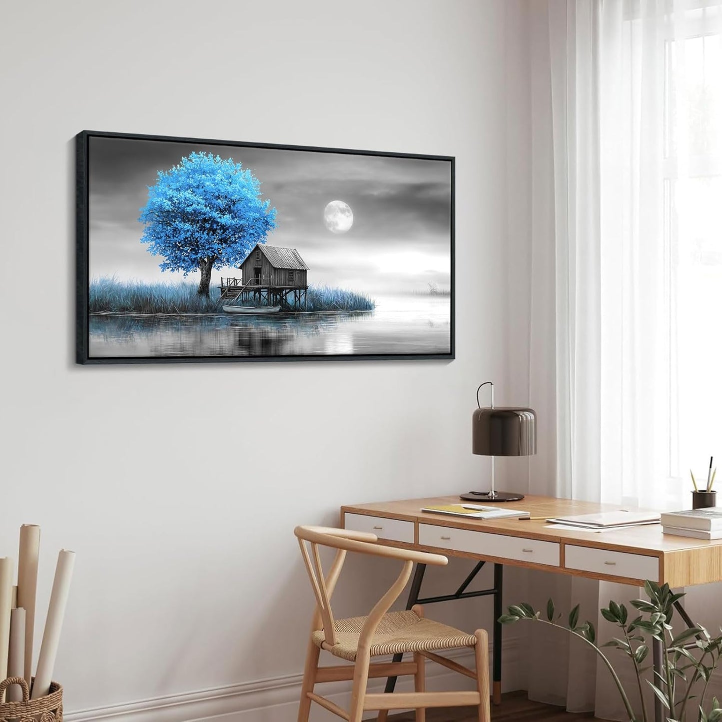 JEAWA Framed Canvas Wall Art Decor - Blue Gray Wall Art for Bedroom Study Dining Room, Winter Landscape Wall Art Canvas Paintings, Moon Pictures Wall Decor, Tree Art Wall Decor, 20x40 IN