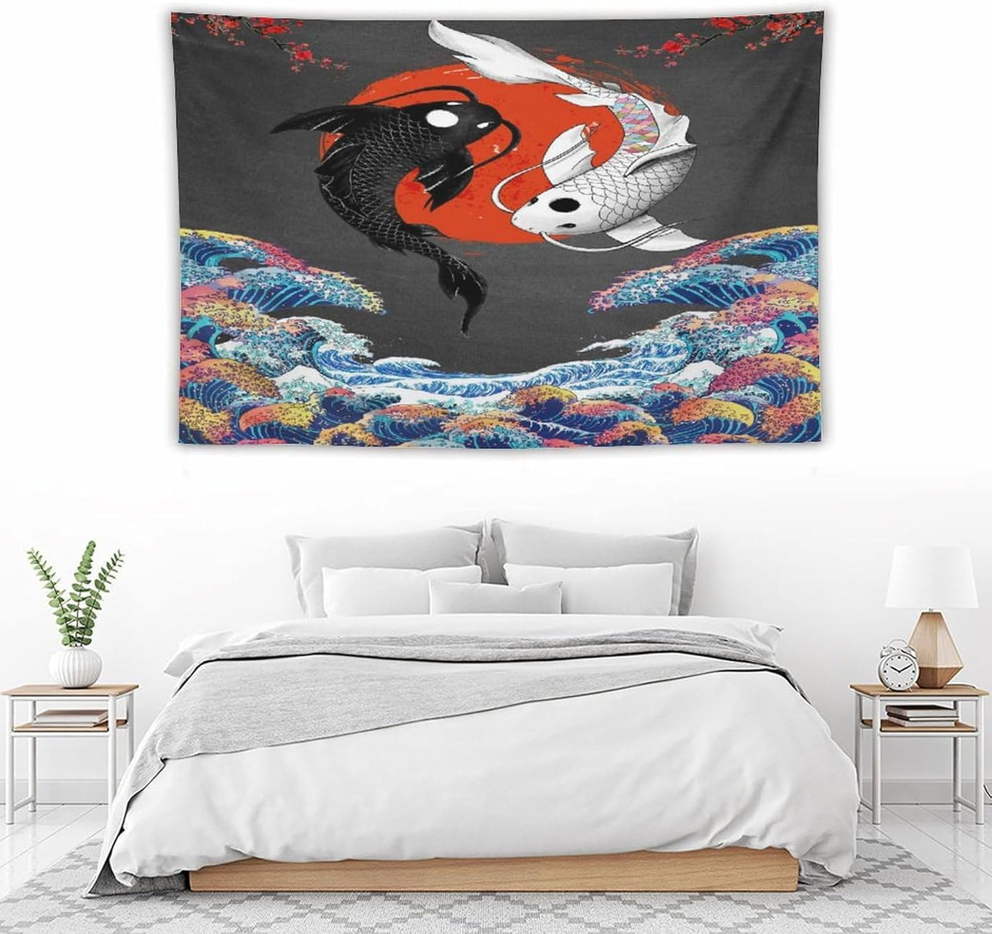 Houselerax Japanese Koi Fish Tapestries, Yin Yang Big Wave Cherry Blossom Tapestry Wall Hanging for Bedroom Living Room Office Decor 60"x40"
