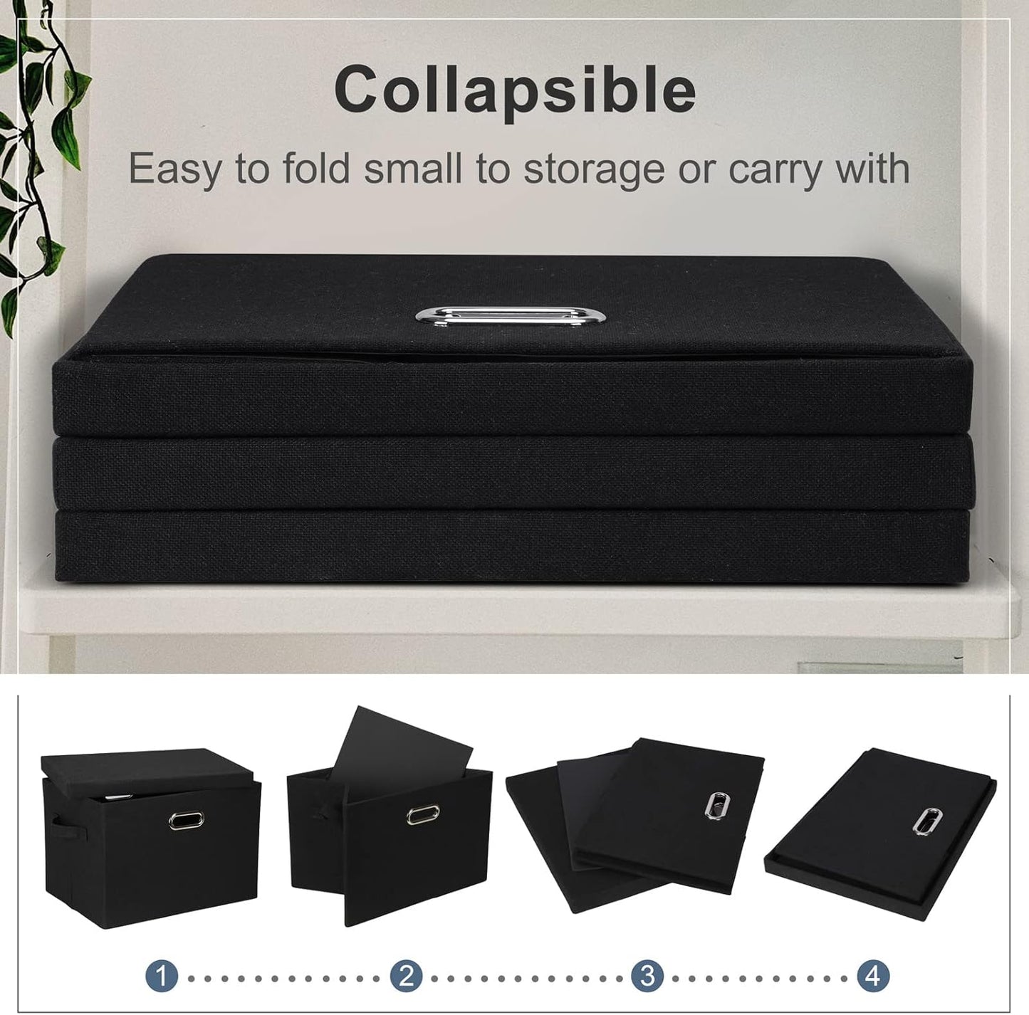 Large 17" 36 Quart Collapsible Stackable Storage Bins with Lids, 3 Packs Black Linen Fabric Closet Boxes with Lids, Storage Cube Baskets Container Organizers for Bedroom Office(17 x12 x11)