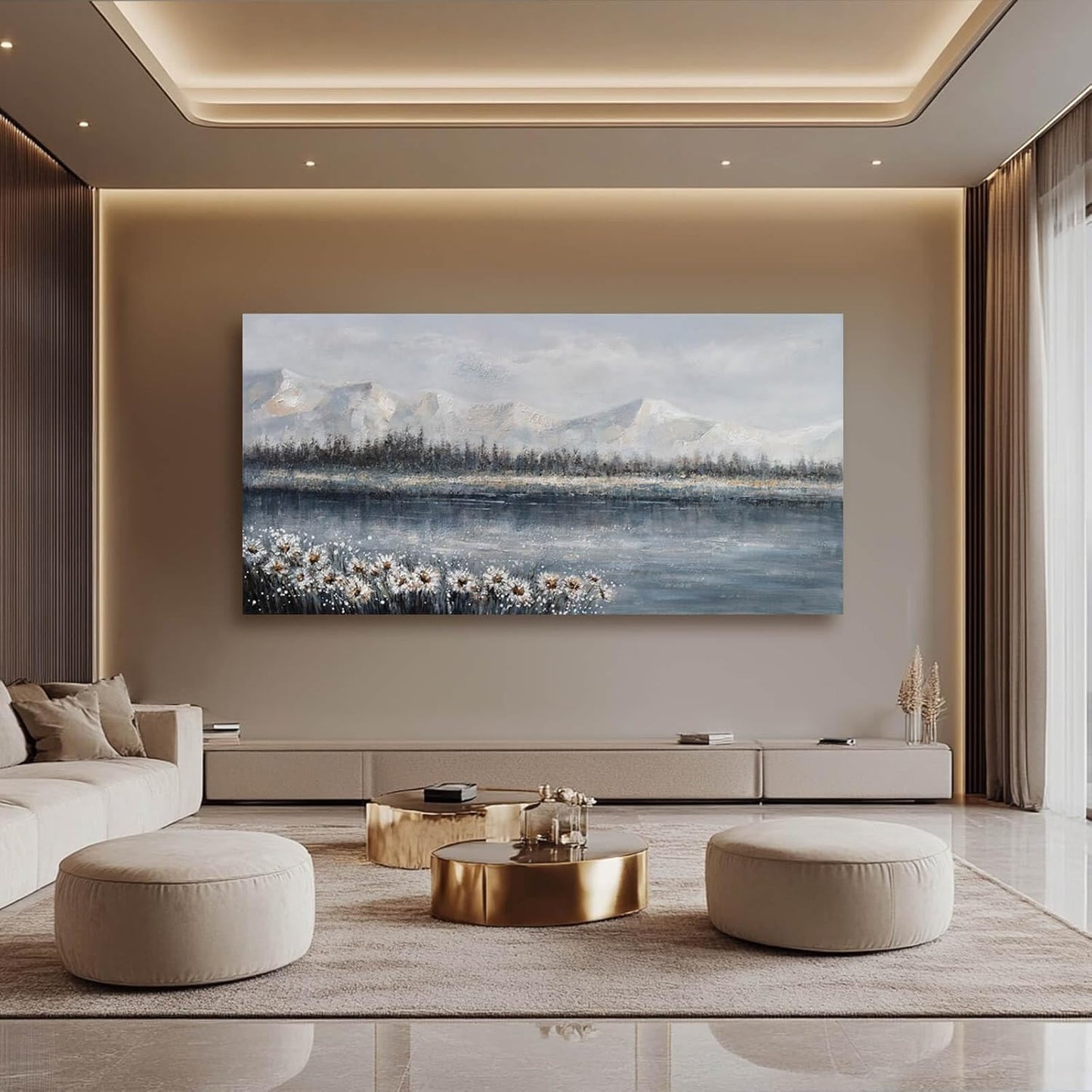 White Wall Art for Living Room Daisy Pictures Framed Floral Wall Decor Abstract Wall Art Mountain Landscape Artwork Office Arts for Home Office 29"x58"