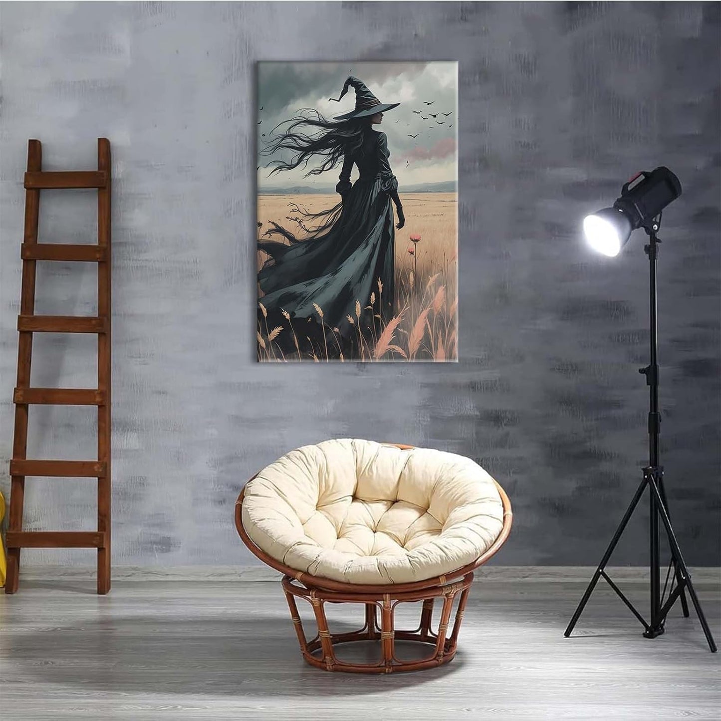 Gothic Decor Canvas Wall Art Witch in Rice Field Halloween Art Decor Print Nature Print Victorian Home Bedroom8x12in Wood Framed