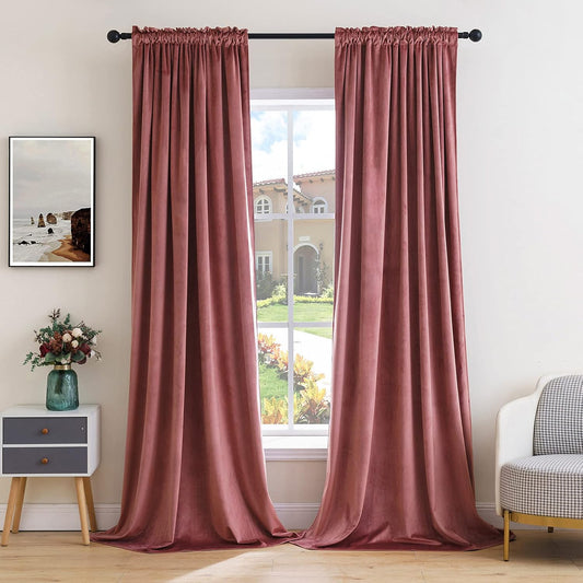 MIULEE Dusty Rose Pink Velvet Curtains 108 Inches Long Thermal Insulated Blackout Curtain Drapes for Bedroom Living Room Darkening Rod Pocket Set of 2