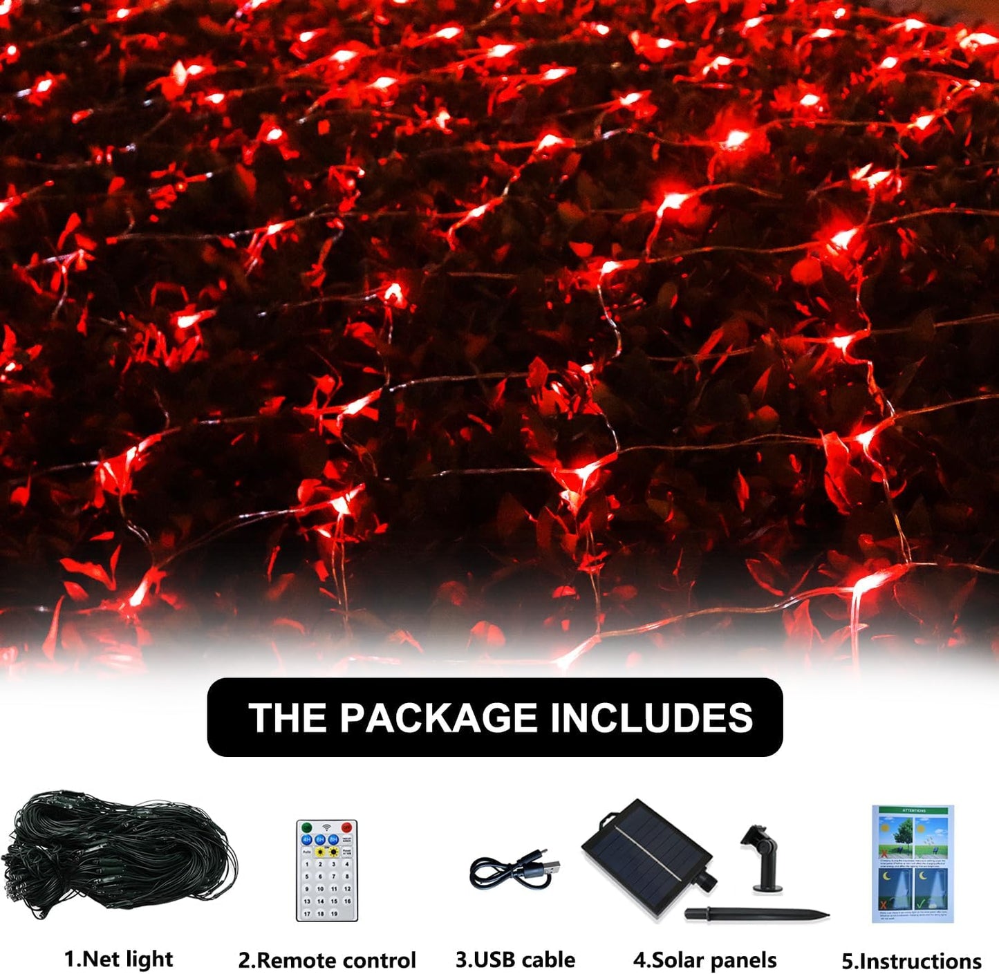 Solar Net Lights Outdoor Mesh Lights Red, 200 LED Net Lights Christmas, Waterproof 19 Modes Timer Tree Wrap Lights for Fence, Garden, Yard, Bushes, Trunk, Halloween Decor-9.8ft x 6.6ft