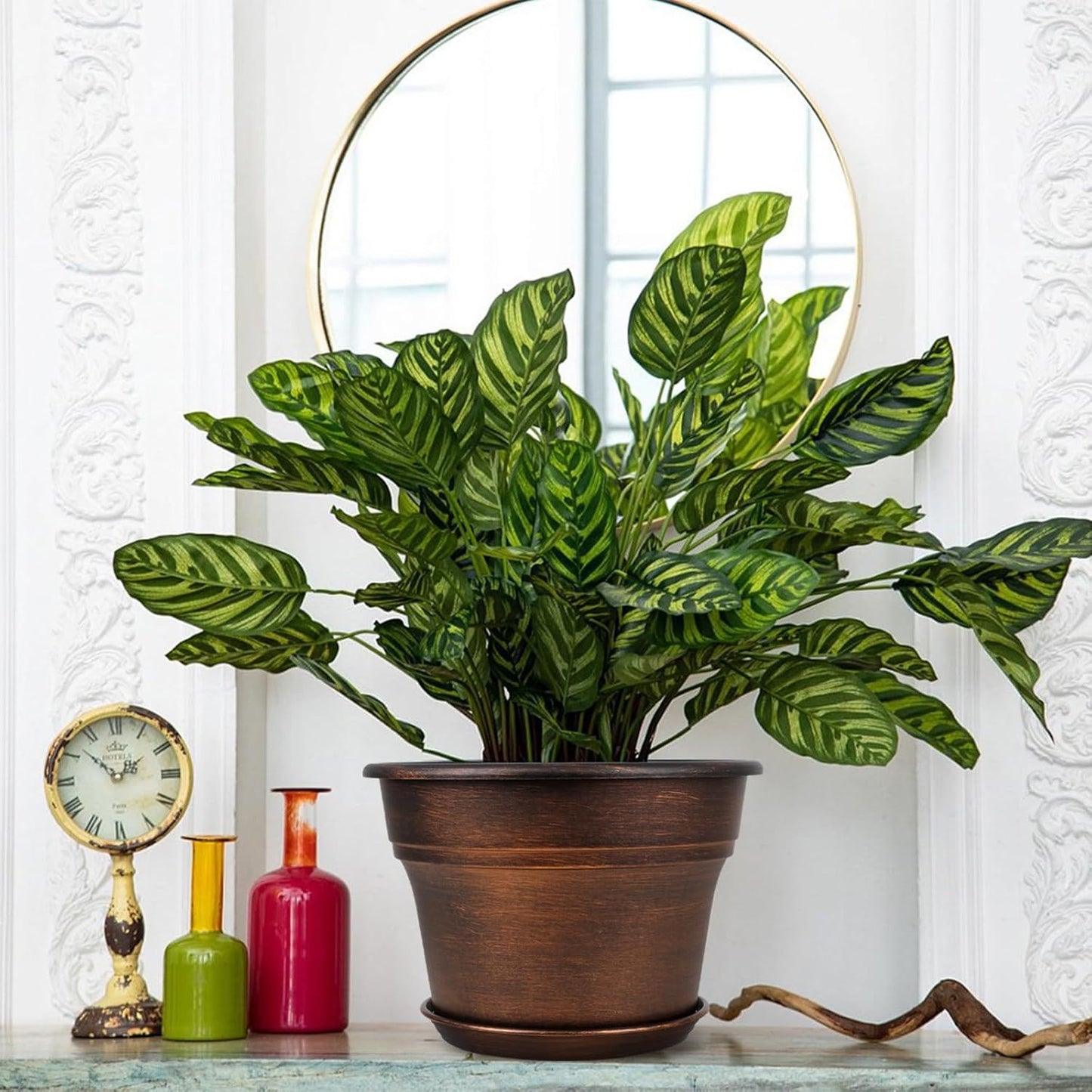 Plant Planters Pots Set of 6 Pack 6 Inch, Plastic Flower Pot for Indoor Plants with Drainage Holes & Trays, Resin Decorative Container Sets with Saucer for House Outdoor Garden Planters Dark Gold