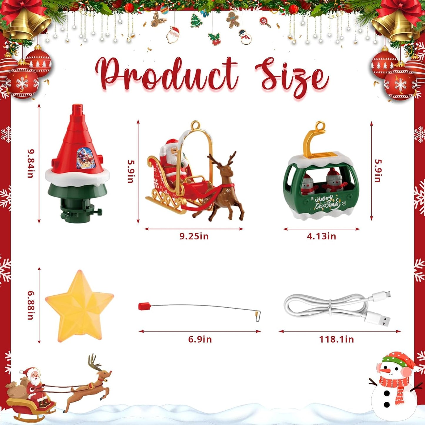 Musical Rotating Christmas Tree Topper with LED Star Light, Santa Sleigh and Cable Car Decorations, USB Powered