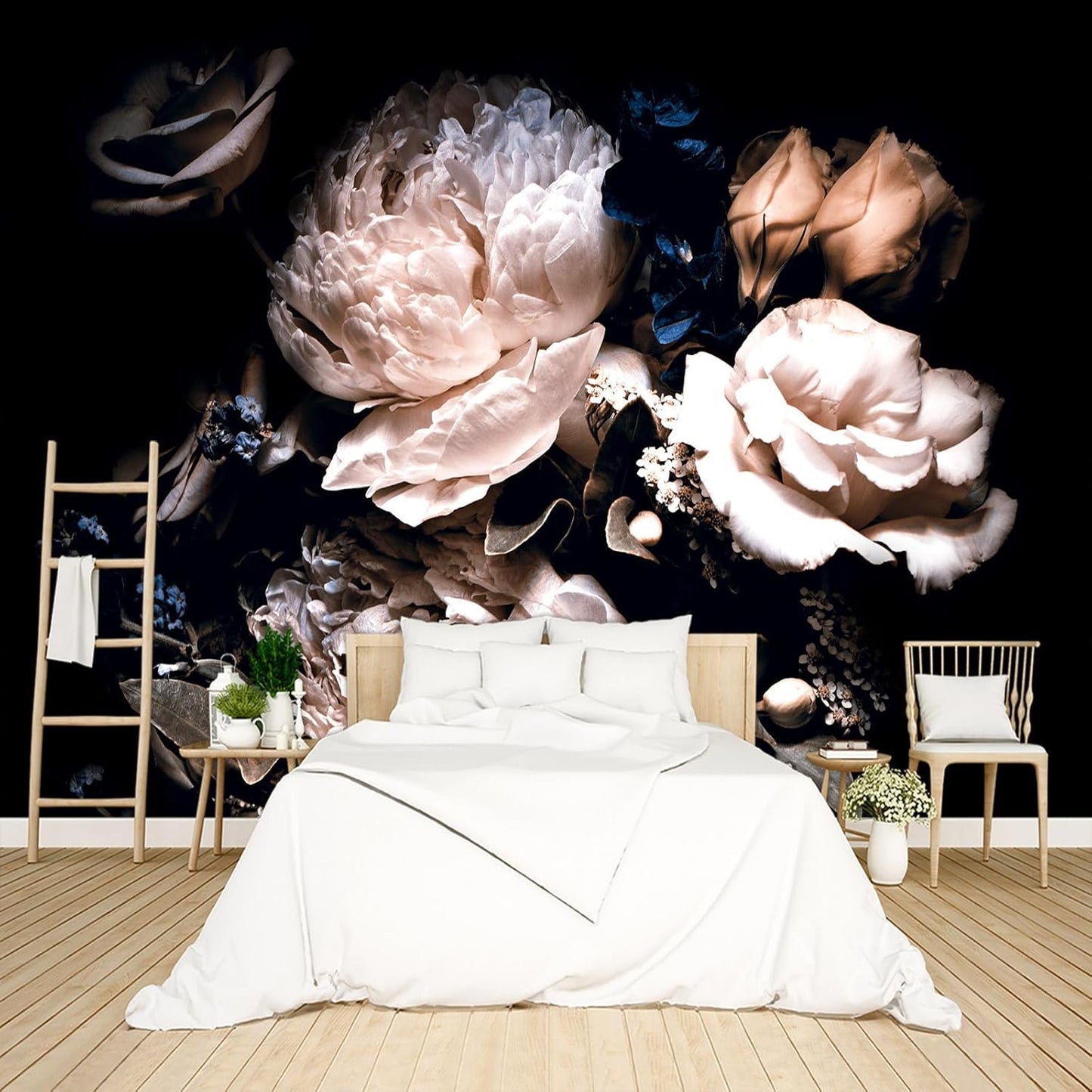 Black Peony Floral Wallpaper Peel and Stick Wall Mural for Bedroom Living Room - 85"x118"