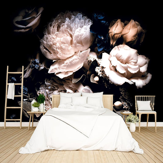 Black Peony Floral Wallpaper Peel and Stick Wall Mural for Bedroom Living Room - 96"x137"