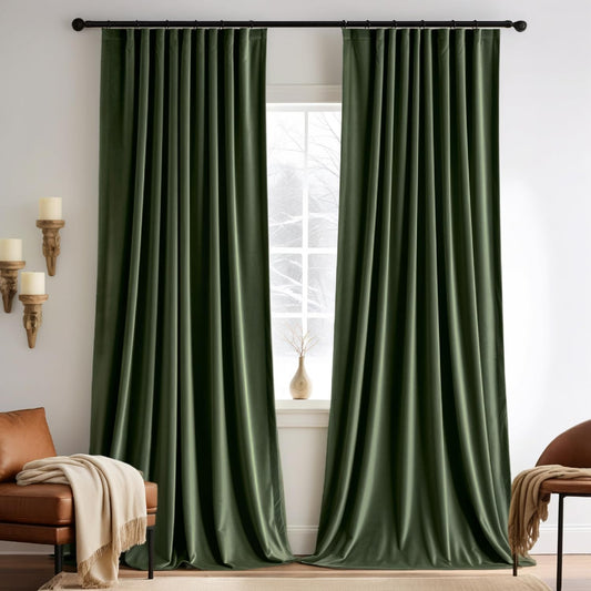 MIULEE Olive Green Velvet Curtains 96 inches 2 Panels - Pinch Pleated Luxury Room Darkening Blackout Window Drapes for Bedroom Living Room Thermal Insulated Super Soft, Back Tab Rod Pocket