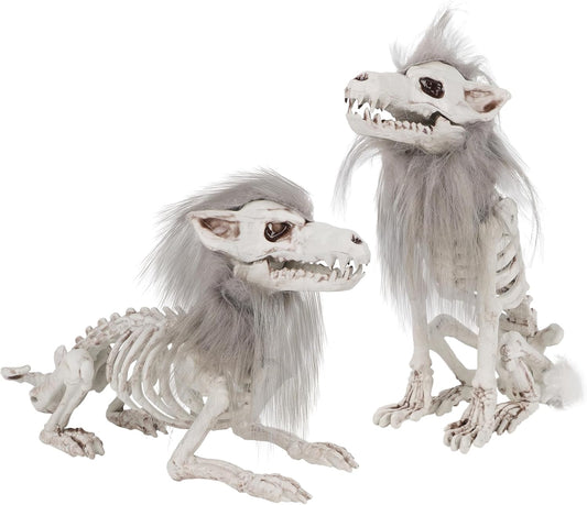 DR.DUDU 2 Pack Halloween Skeleton Wolf Decorations, Life Size Animals Skeletons Poseable Halloween Decor Plastic Bones with Hair Wolf Skull Figurines for Table Yard Lawn Party Props Décor
