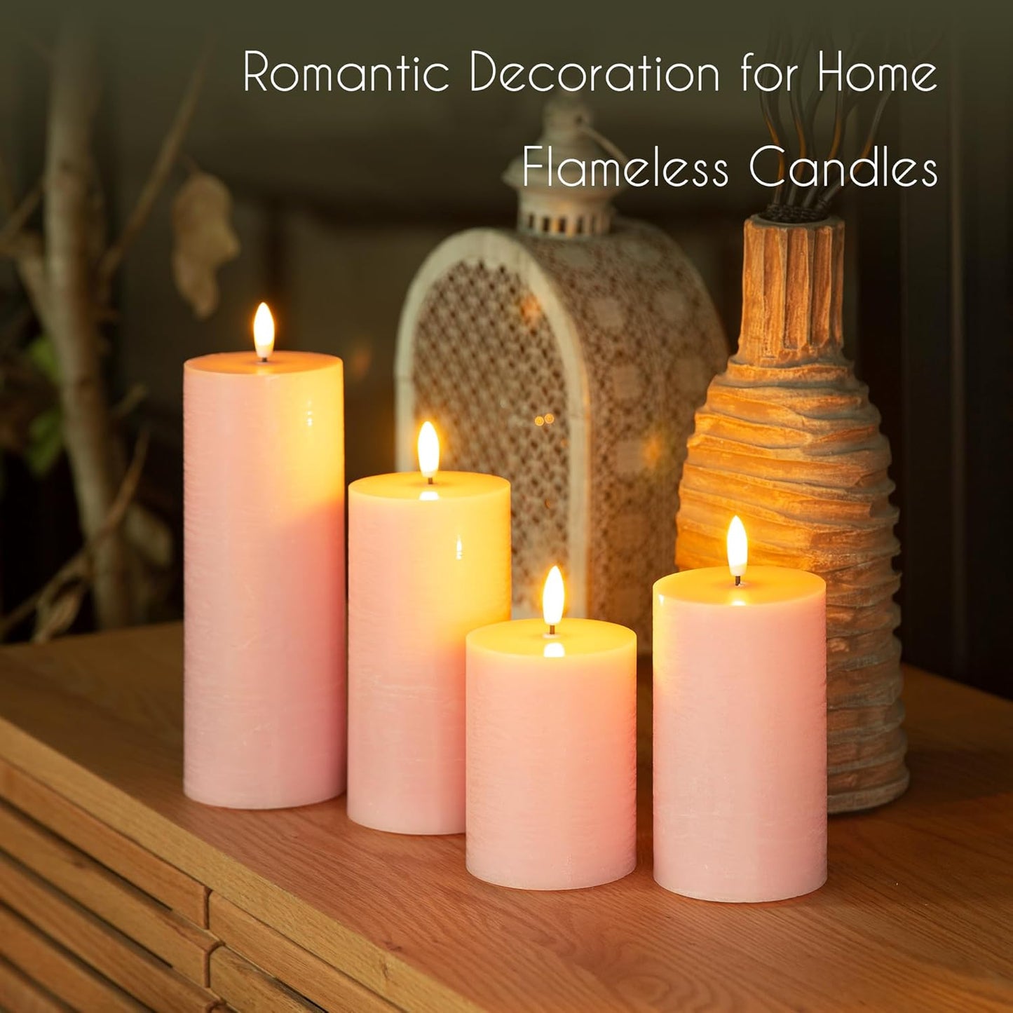 LUSHABOR Flameless Candles, 4 Pack Battery Operated Candles with Remote, Real Wax LED Fake Candles with Timer Flickering for Christmas Wedding Home Party D3 H 5" 6" 7" 9" Pink