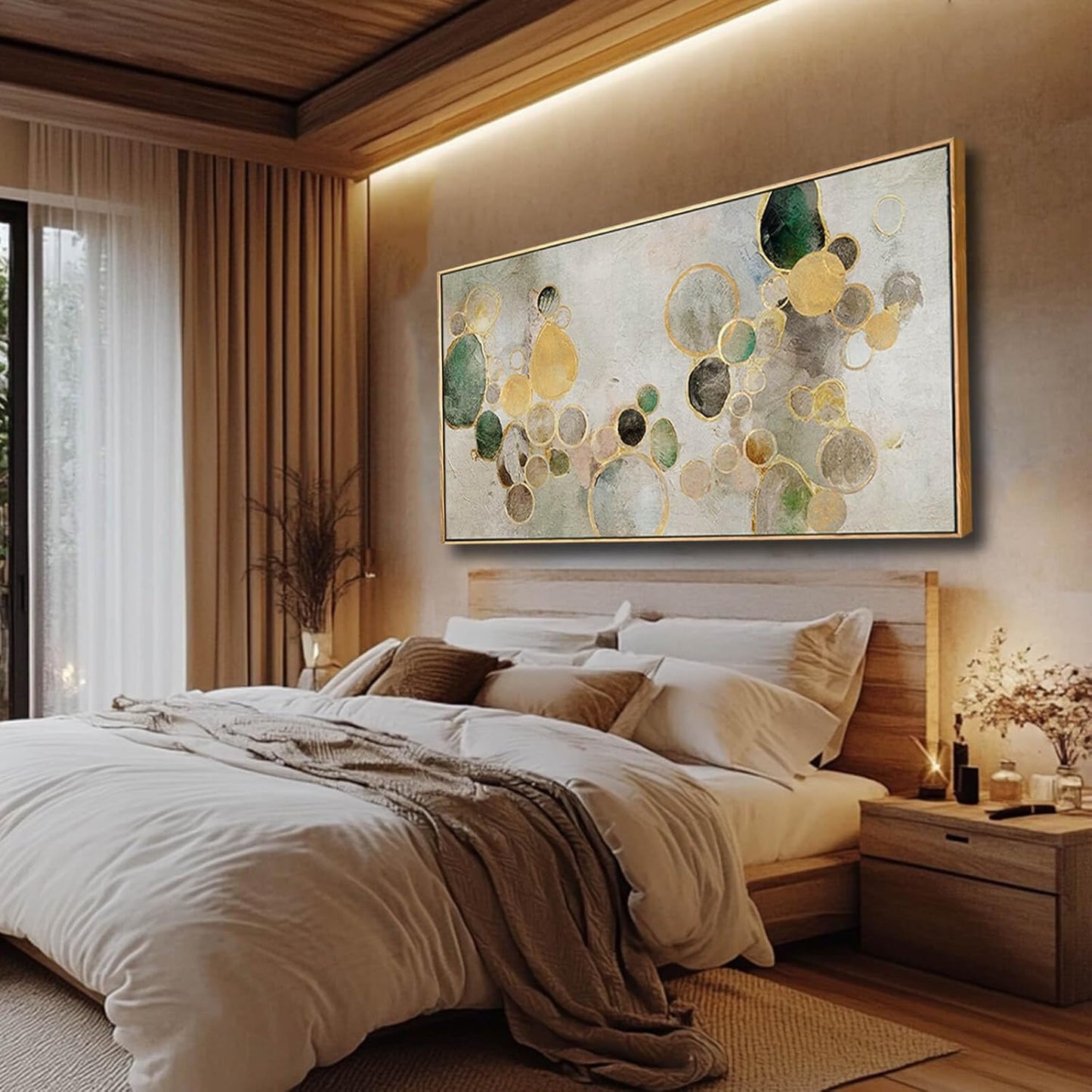 Abstract Canvas Wall Art Gold Circle Painting Green Artwork Framed Wall Prints 29"x 58" Office Wall Decor Colorful Pictures for Living Room Bedroom