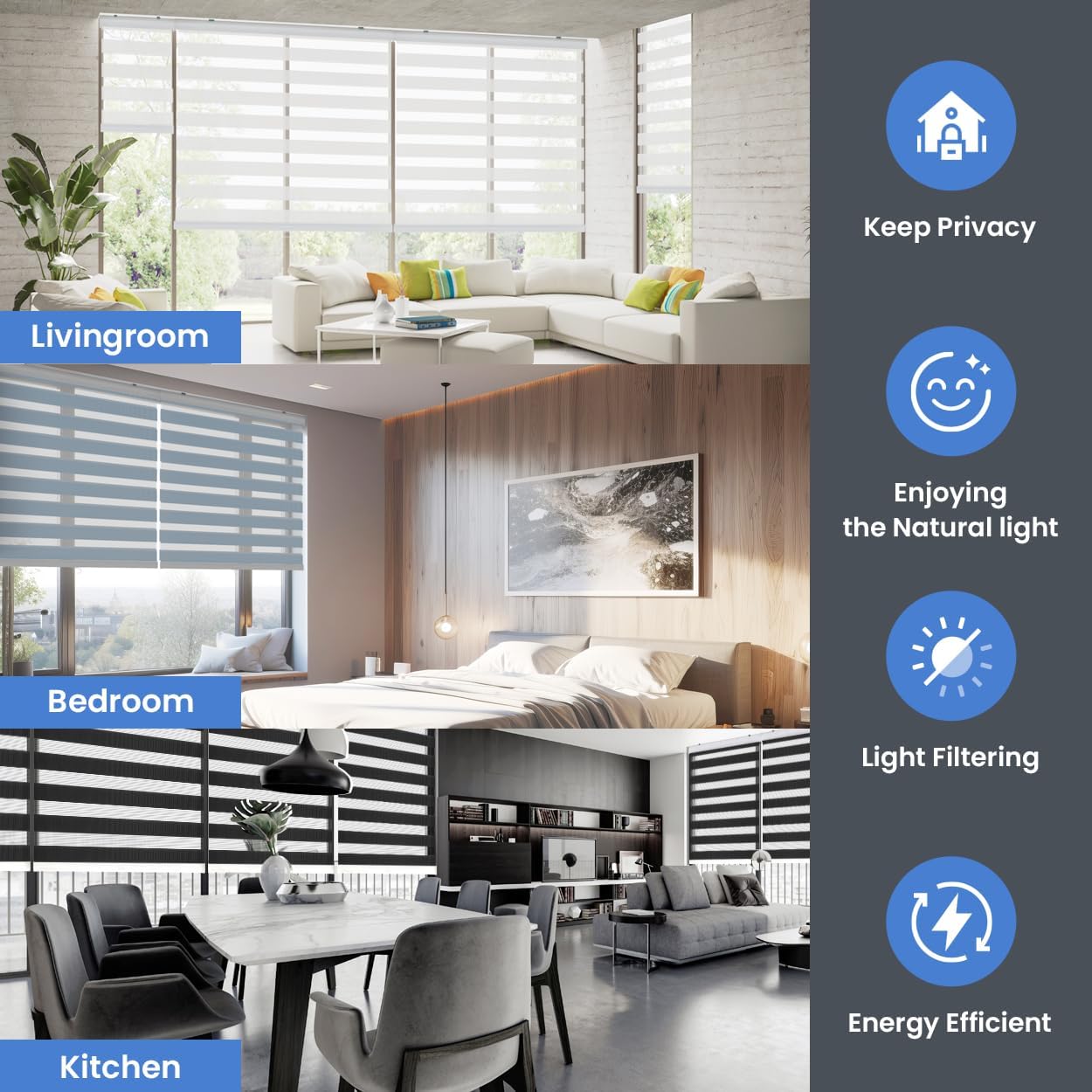 Foiresoft Standard Zebra Roller Blinds for Windows [W36 x H64 Inch, White, Basic], Light Filtering Dual Layer Shades for Bedroom, Living Room, Office, 13 Colors