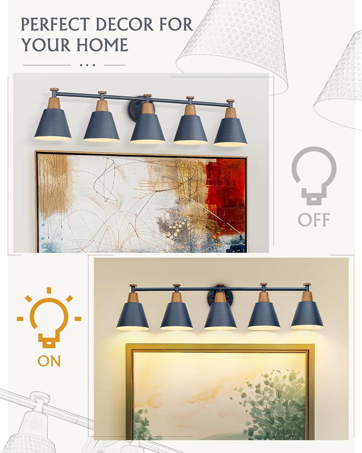 FEMILA 5 Light Bathroom Vanity Light, 37.4" Bathroom Lighting Fixtures Over Mirror, Blue Finish, E26 Base, 4FG59B-5W Blue