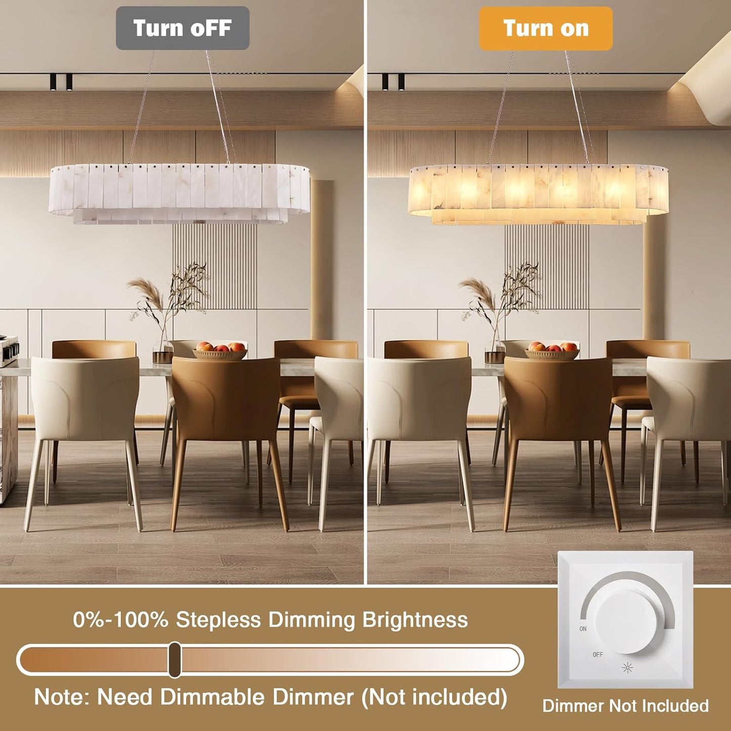 Alabaster Rectangular Chandelier for Dining Room, L39in Modern Chandeliers, Adjustable Marble Pendant Light Fixture, Rectangle Chandelier for Dining Table Living Room Kitchen Island (Bulbs INCL)