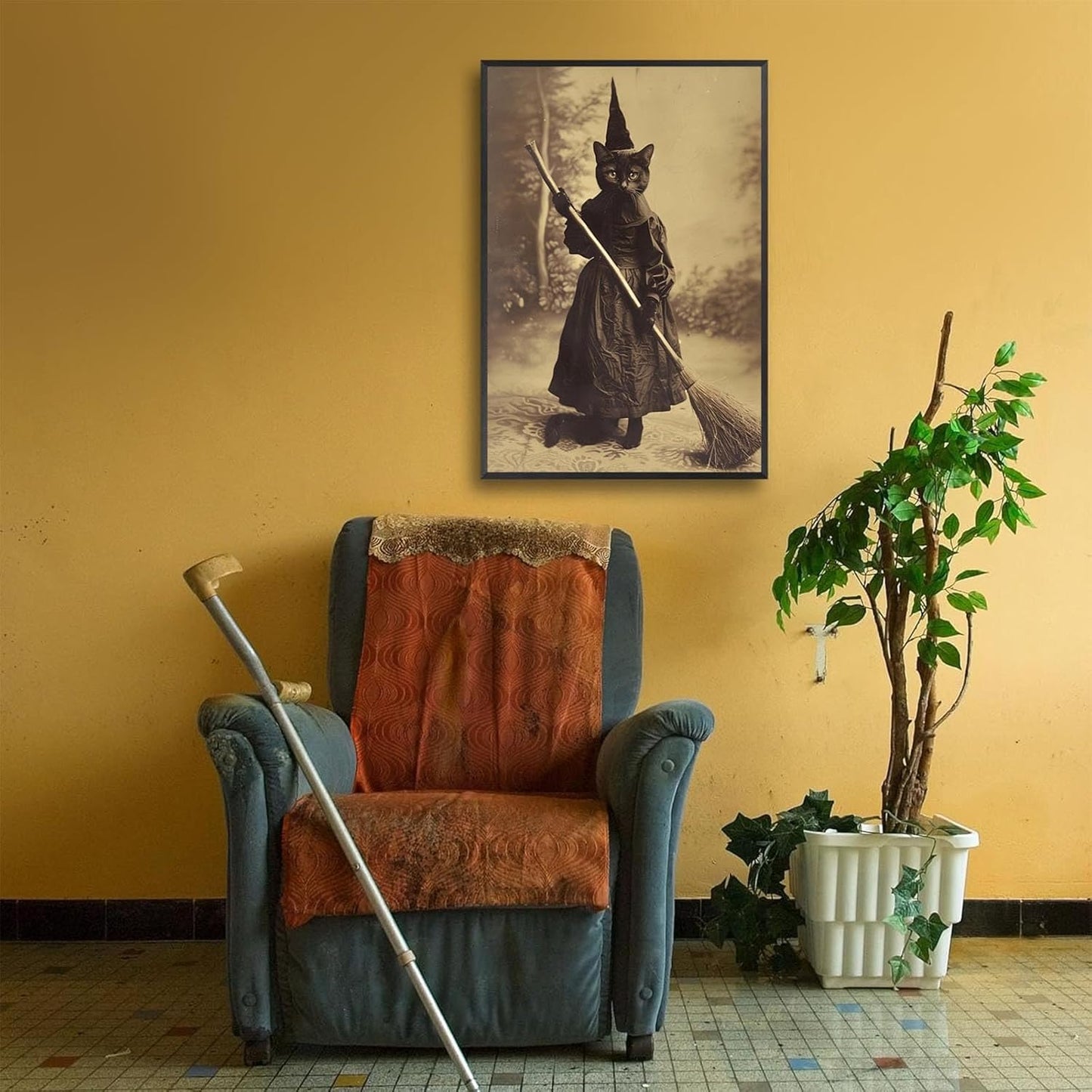 Halloween Decor Posters Black Cat Witch Canvas Wall Art Vintage Spooky Print Of Gothic Room Family Dark Academia Decorations Creepy Picture Poster Aesthetic 12X16inch Aluminum Framed