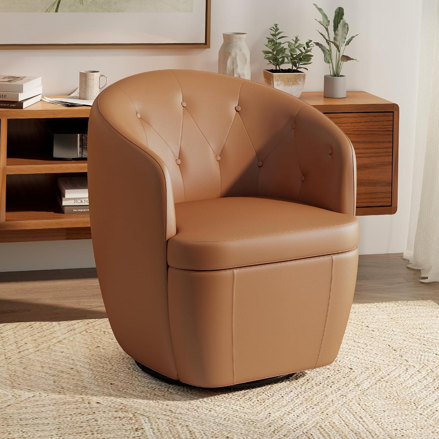 360° Swivel Leather Accent Chair, Modern Barrel Club Chair with Leather Upholstery and Sturdy Base, Comfortable Armchair for Living Room, Bedroom, Reading Nook, Brown