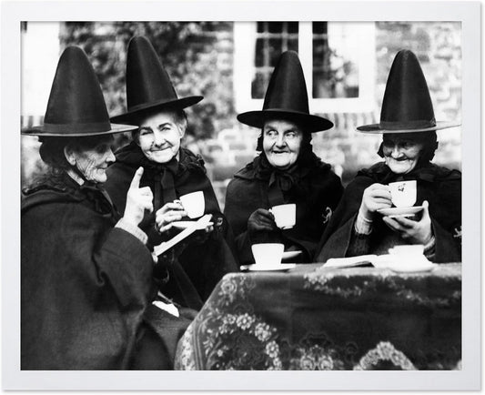 Poster Master Classic Photograph Poster - Vintage Halloween Print - Gift for Artist, Friend - Witches Tea Party, Old Women Smiling, Wearing Robes - Wall Decor for Living Room, 16x20 White Framed