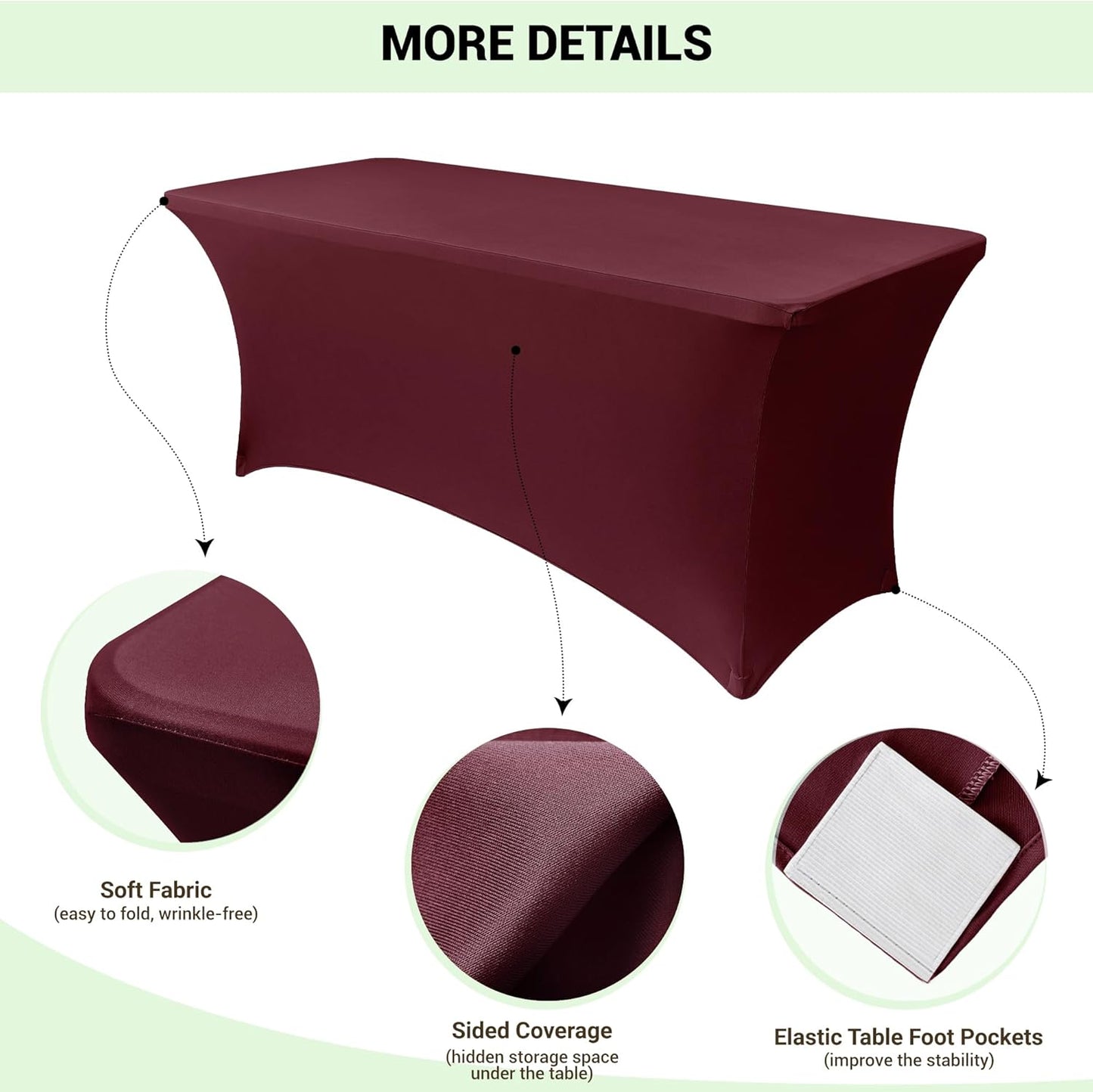 Obstal 8Ft Stretch Spandex Table Cover for Standard Folding Tables - 2 Pack Universal Rectangular Fitted Tablecloth for Party, Banquet, Events, Trade Show (Wine Red, 96L x 30W x 30H Inches)