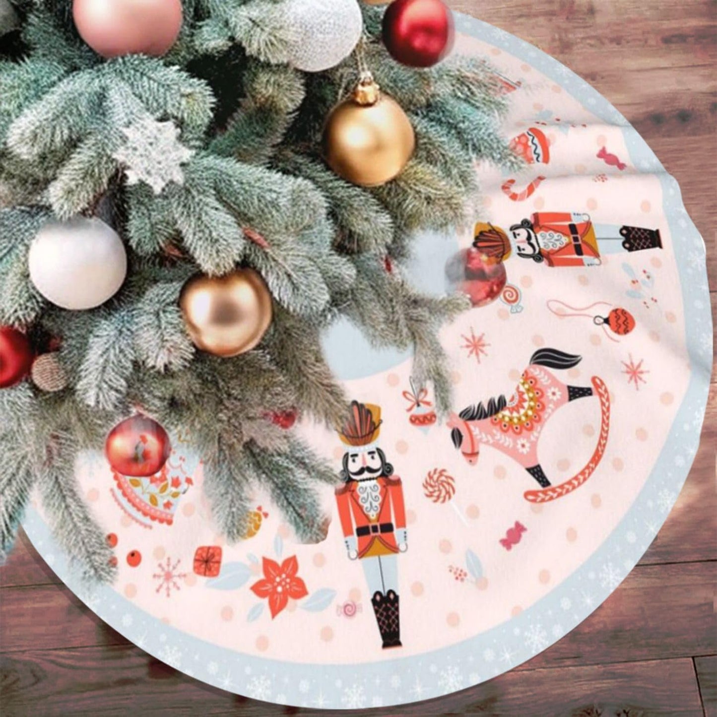 48" Large Christmas Tree Skirt, Nutcracker Candy Pattern Tree Mat Base Cover for Xmas Festive Holiday Party Decoration Ornaments