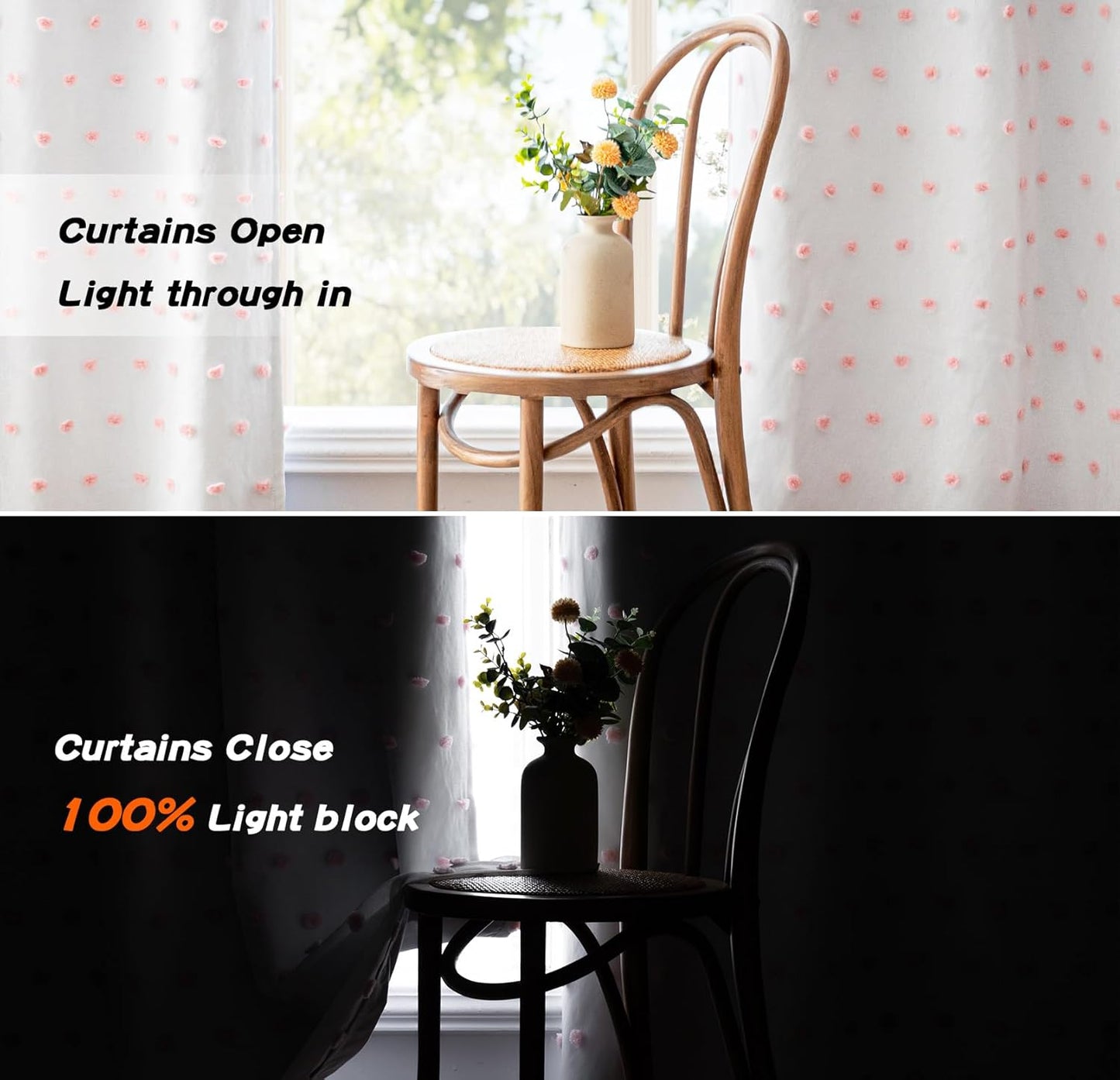 MYSKY HOME Total Blackout Curtains for Girls Bedroom 90 Inch Long 100% Light Blocking Curtains for Living Room 2 Panels Room Darkening Grommet Double Layer Drapes with Pink Pom Pom Sheer 52W x 90L