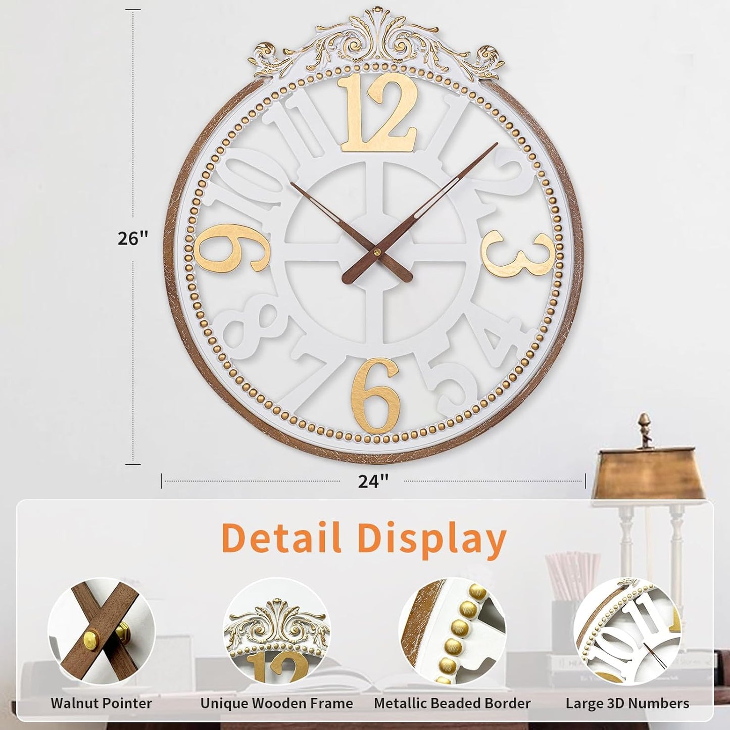 Wall Clock Farmhouse -Large 24 Inch Round Wall Clock for Living Room Decor,Rustic Wooden Big Hanging Clock with Decorative Engraved Numerals, Silent Battery Operated for Kitchen Bedroom Living Room