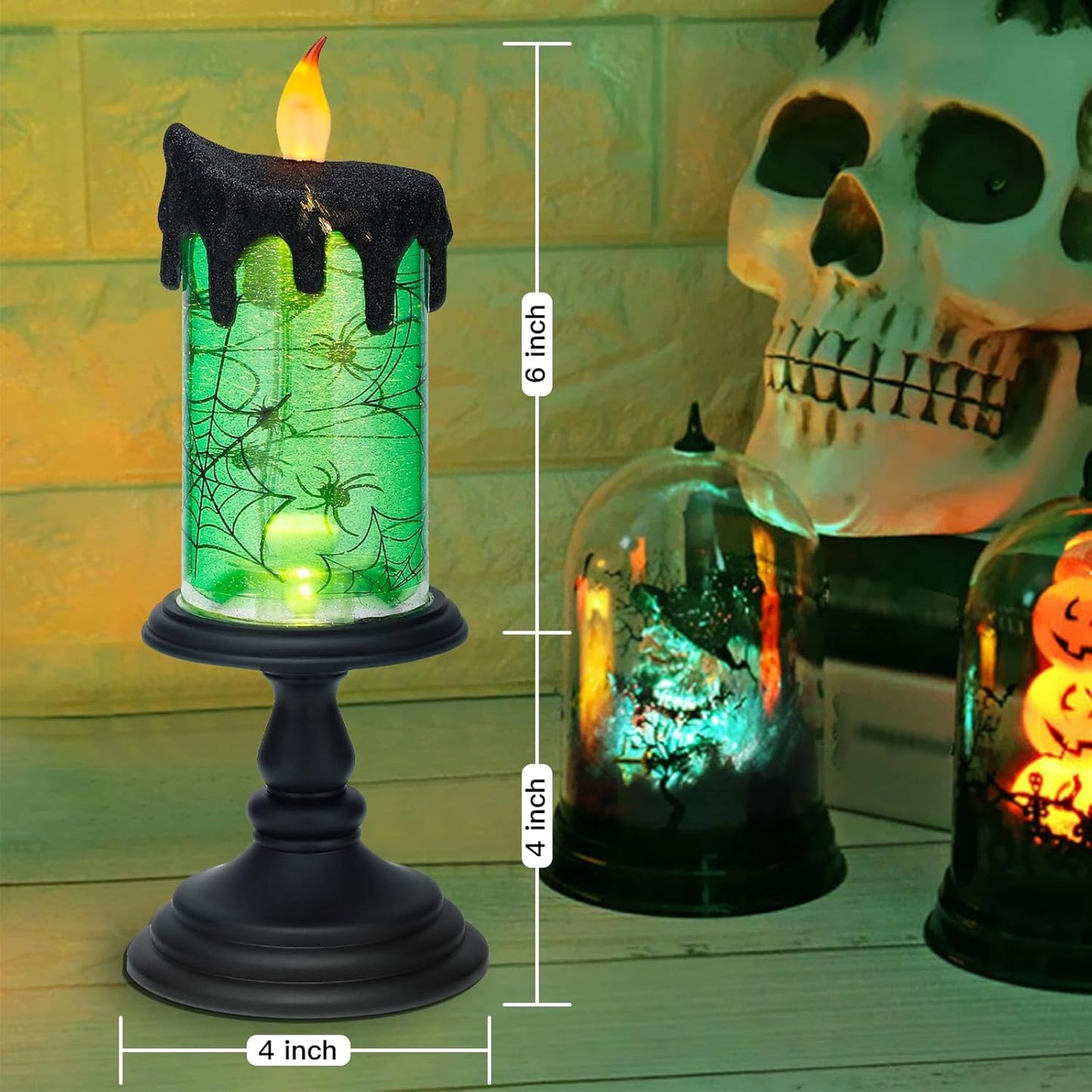 Halloween Snow Globe Candles Lighted Lamp, Lighted Flameless Candles with Water Glitter Swirls and Spooky Moving,Battery Operated