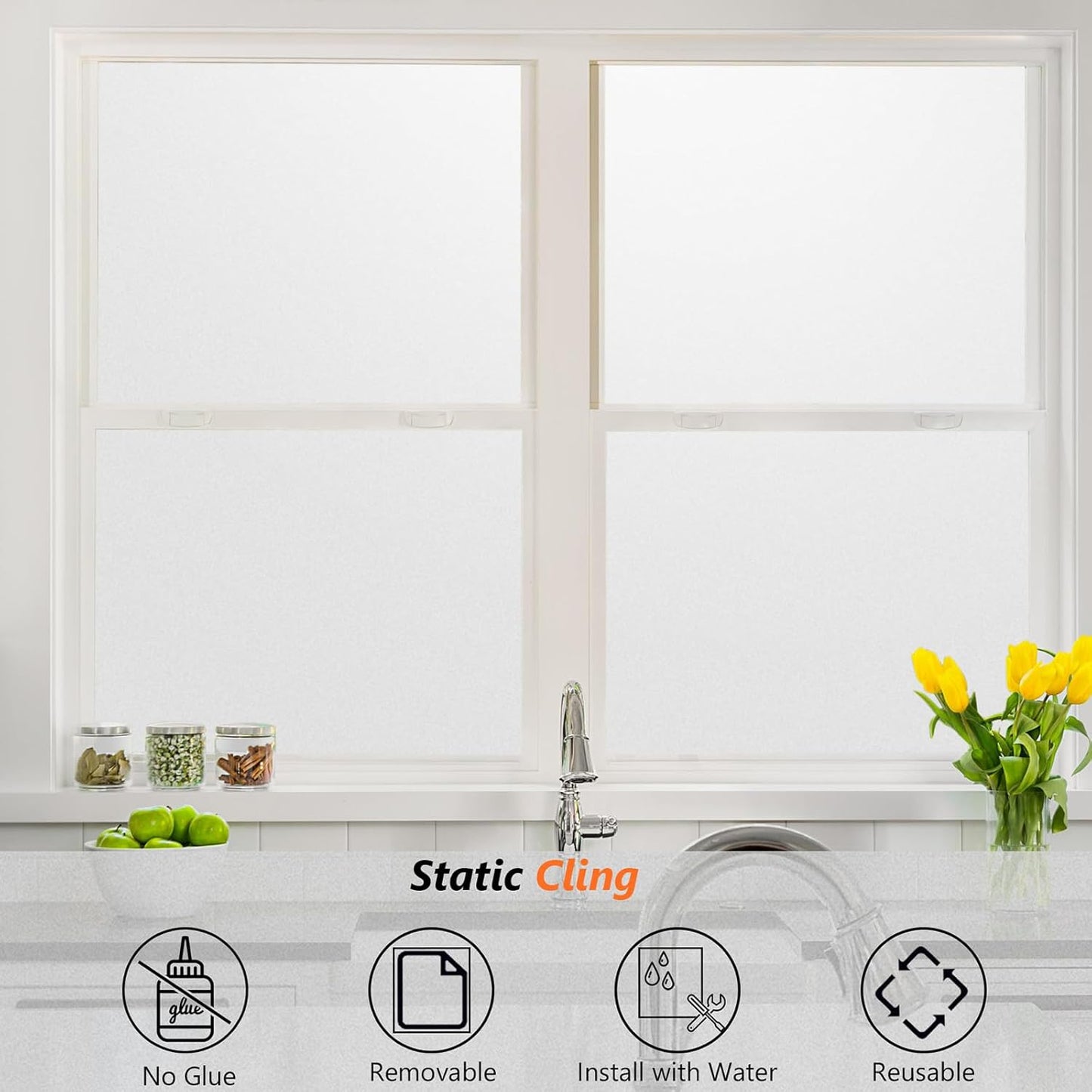 Kromapolis Window Privacy Film Frosted Glass Window Film, Heat Blocking Privacy Film for Glass Windows, Static Cling Non-Adhesive Frosting Window Stickers for Door Home (Frosted, 35.4 x 78.7 inch)