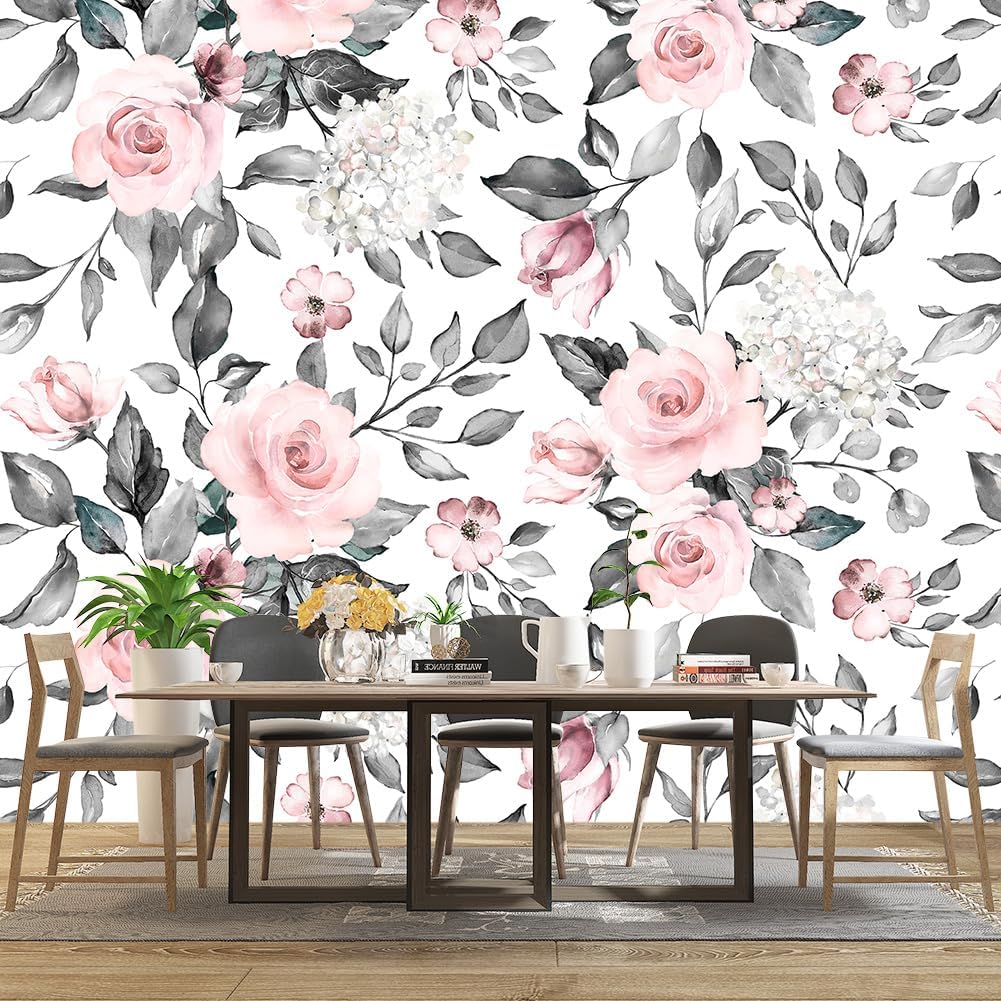 Grey Leaf Pink Flowers Mural Bedroom Floral Wallpaper Room Decor Living Room tv Background Large Wall Mural - 91"x65" (Not Peel and Stick)