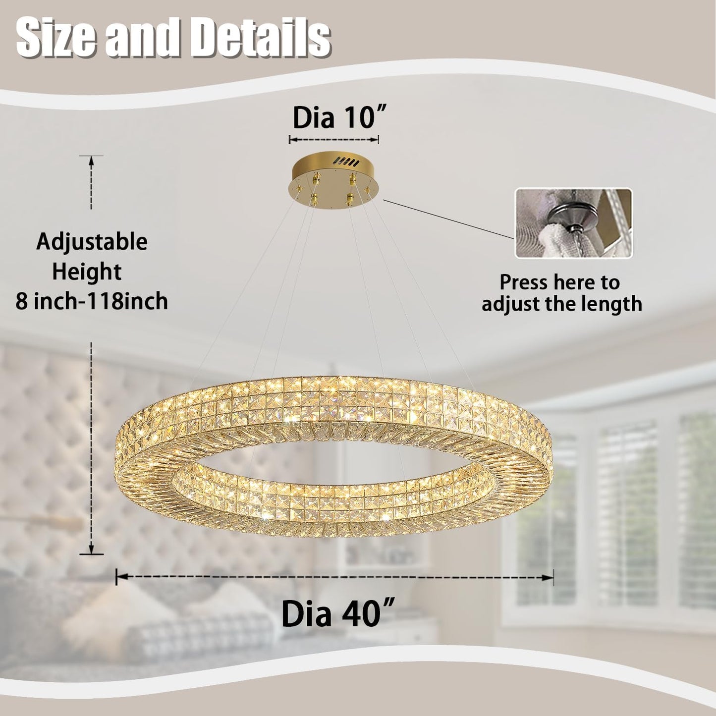 Dia 40" Modern Crystal Chandelier Ring Chandelier Adjustable Height Luxury Crystal Pendant Ceiling Light Fixture for Dining Living Room Bedroom