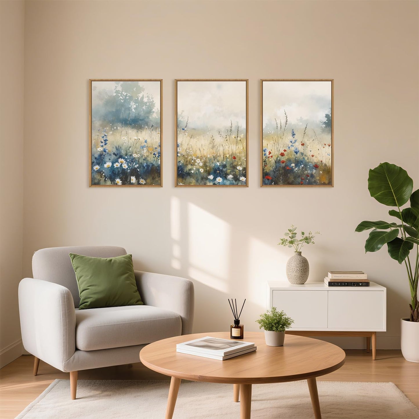 Nature Wildflower Framed Canvas Wall Art Set, Pastoral Landscape Wall Decor, Colorful Meadow Wall Painting, Rustic Floral Art Print for Living Room, Bedroom, Office - 16"X24"X3