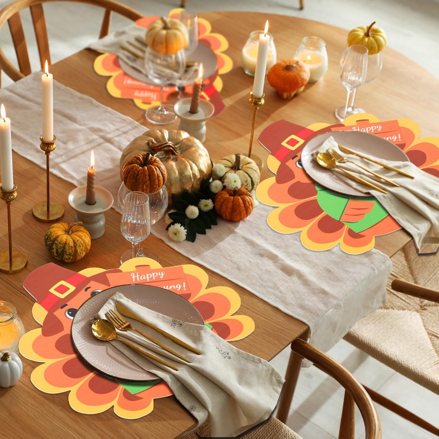 Remerry 6 Pcs Thanksgiving Leather Table Placemats Washable Turkey Table Mats Turkey Gobble Placemats Easy to Clean Thanksgiving Day Leather Place Mats for Fall Harvest Party Kitchen Dining Decoration