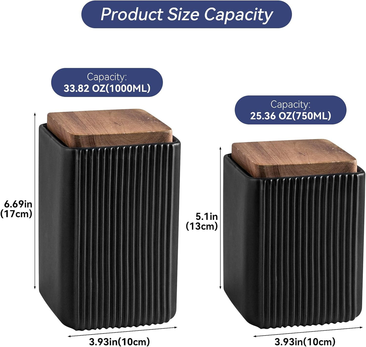 Ceramic Storage Jars Modern Elegant Polished Airtight Gorgeous Storage Canisters with Wooden Lid Small Food Stroage Jar for Kitchen Spice Tea Vanilla Sugar Coffee Beans (Black,Small size,13cm*10cm)