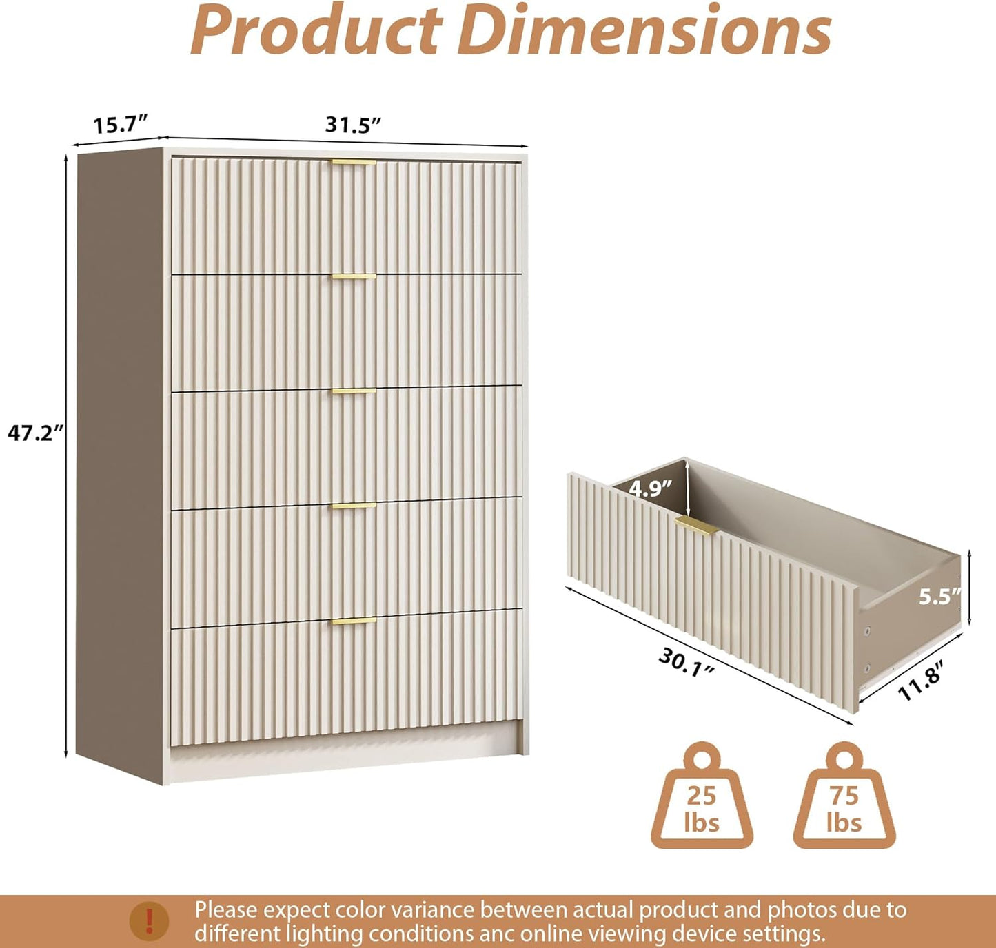 5 Drawer Dresser for Bedroom, Tall Dresser Chest of Drawers with Gold Handles, 32 Inch Wide Nightstand with for Bedroom, Living Rooms, Offices, and Entryways, Beige