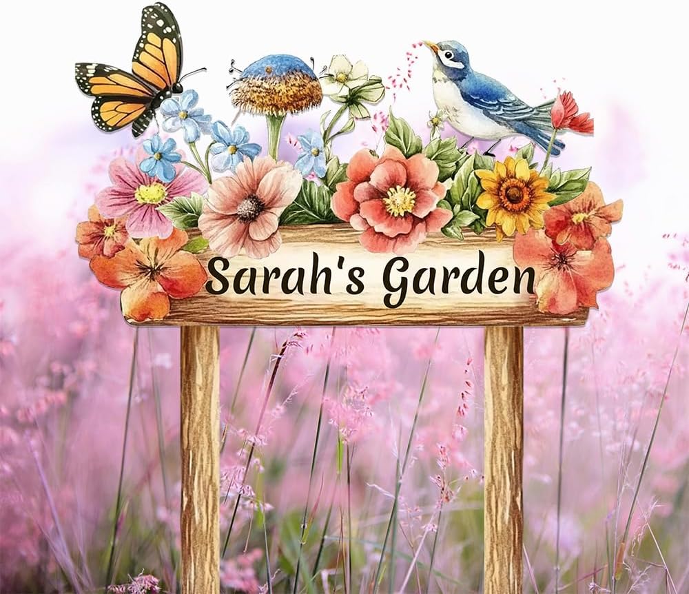 Personalized Colorful Bird Metal Sign with Stake,Custom Gardener Last Name Signs Outdoor Decorate,Customized Garden Accessories Decor for Mom,Butterfly Flowers Plaques for Patio Lawn Porch Backyard