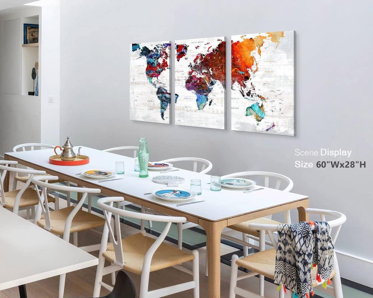 World Map Wall Art Living Room Wall Decor Office Pictures for Wall Decorations Large Abstract Art 60" W x 28" H Framed Paintings for Dining Room