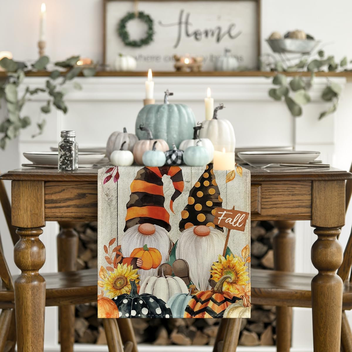 Artoid Mode Wood Gnomes Pumpkins Sunflower Maple Leaves Fall Table Runner, Kitchen Dining Table Decoration for Home Party Decor 13 x 48 Inch
