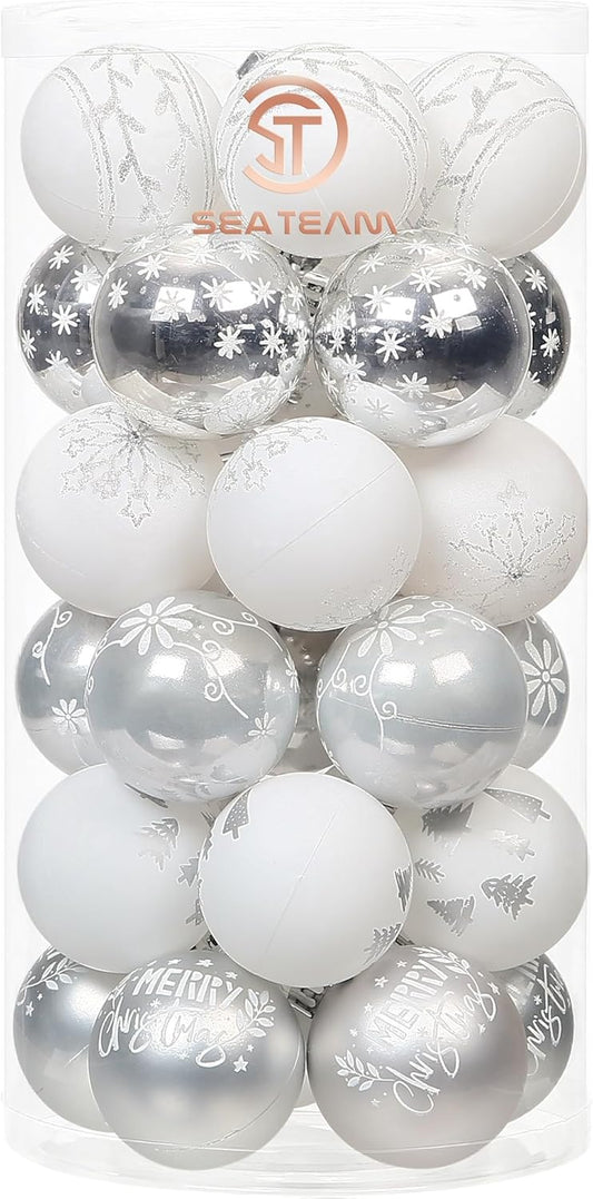 Sea Team 60mm/2.36" Delicate Contrast Color Theme Painting & Glittering Christmas Tree Pendants Decorative Hanging Christmas Baubles Balls Ornaments Set - 30 Pieces (Silver & White)